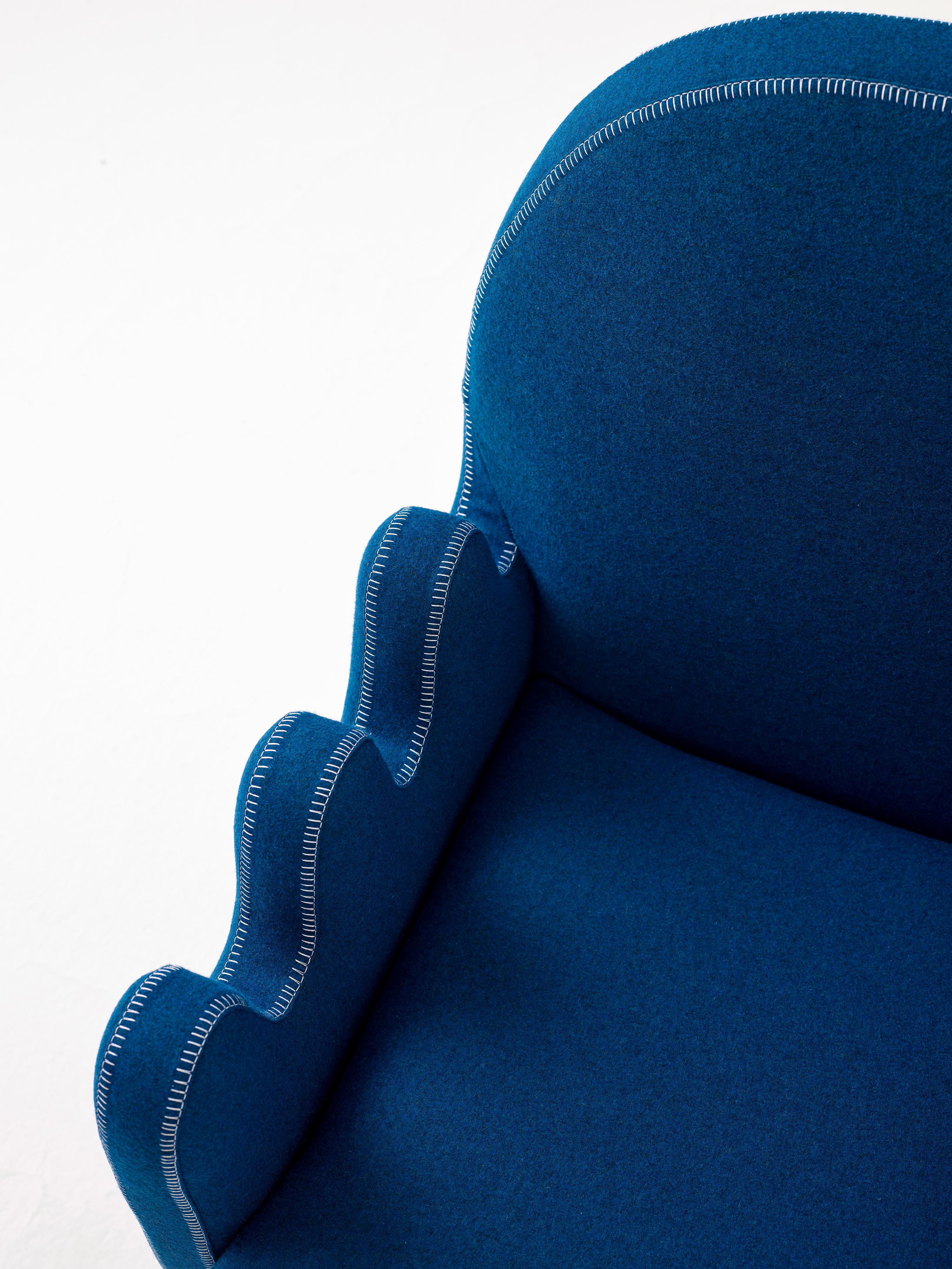 Semo Armchair in Navy by Merve Kahraman, Burl Wood Upholstery White Stitching For Sale 4
