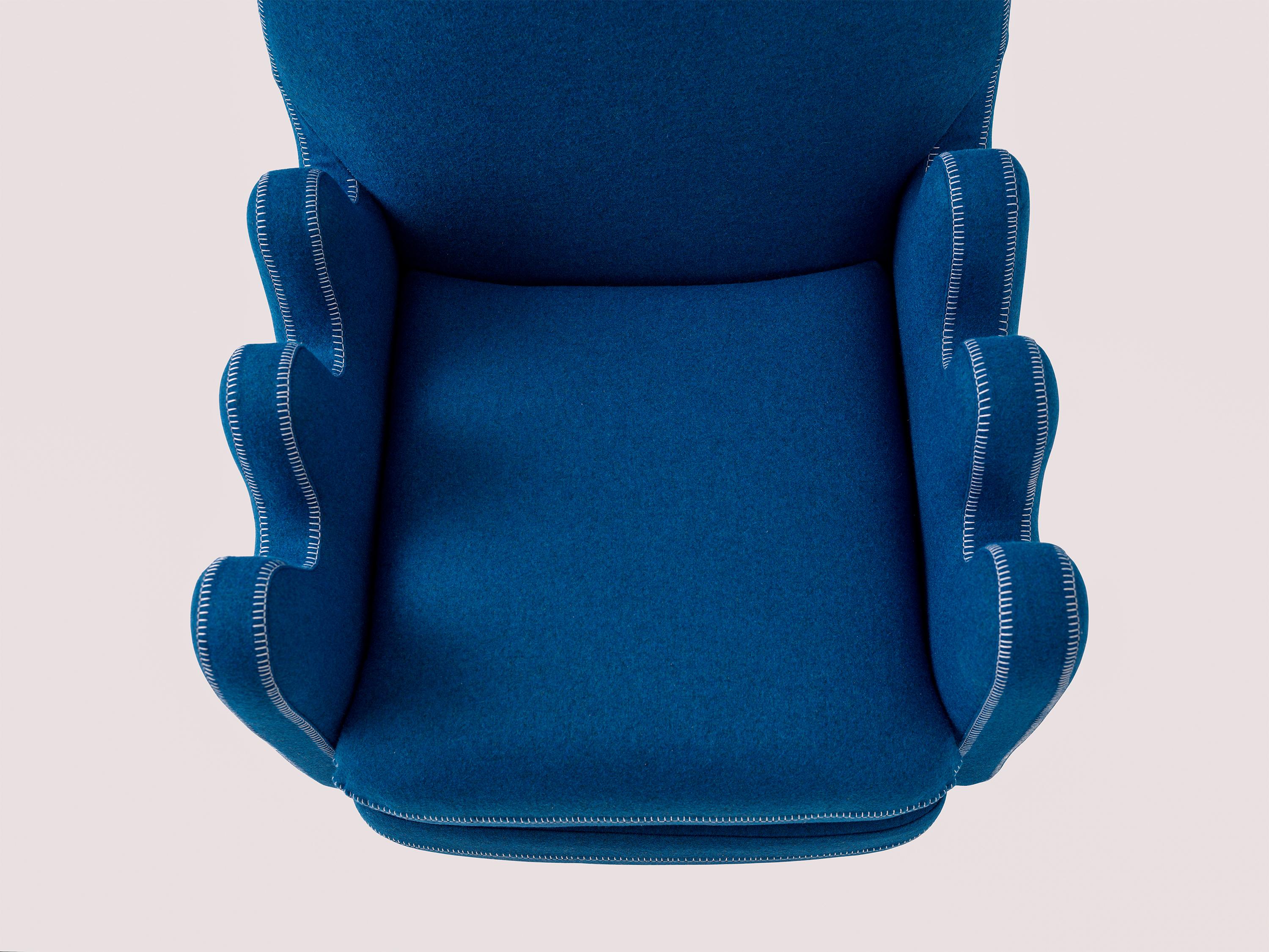 Semo Armchair in Navy by Merve Kahraman, Burl Wood Upholstery White Stitching For Sale 5