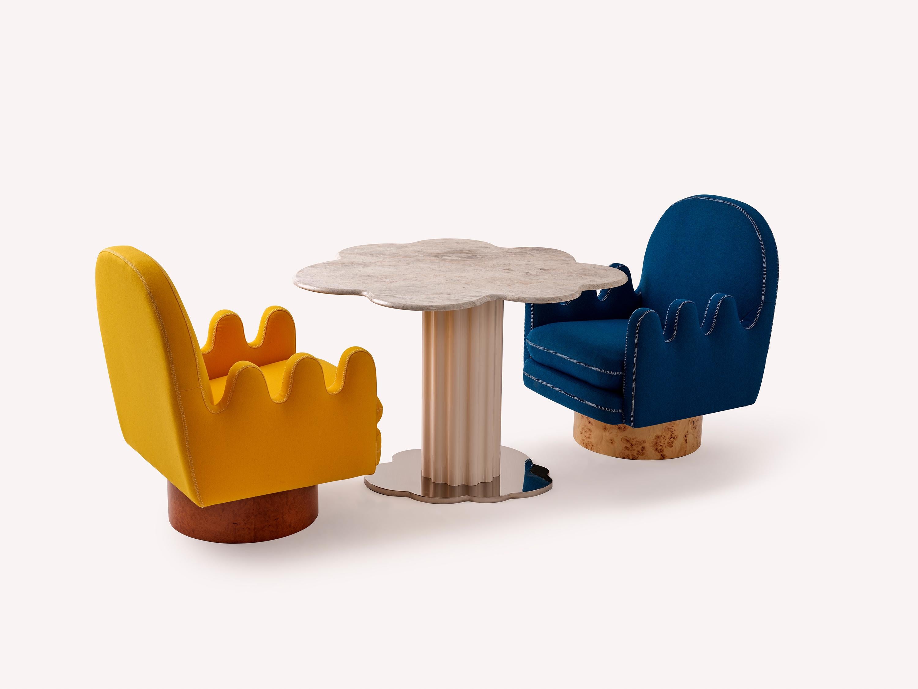 Semo Armchair in Navy by Merve Kahraman, Burl Wood Upholstery White Stitching For Sale 6