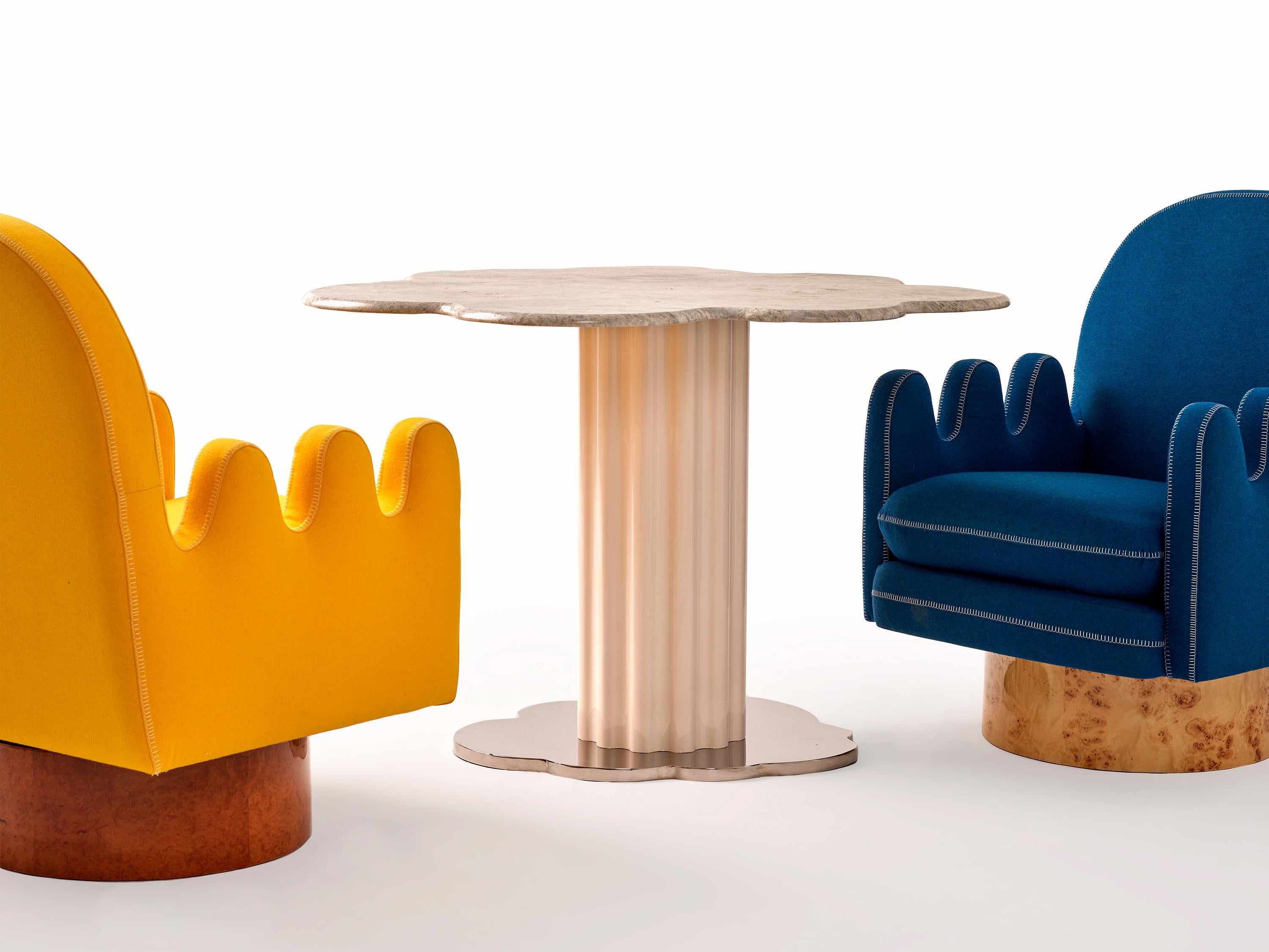 Semo Armchair in Navy by Merve Kahraman, Burl Wood Upholstery White Stitching For Sale 7