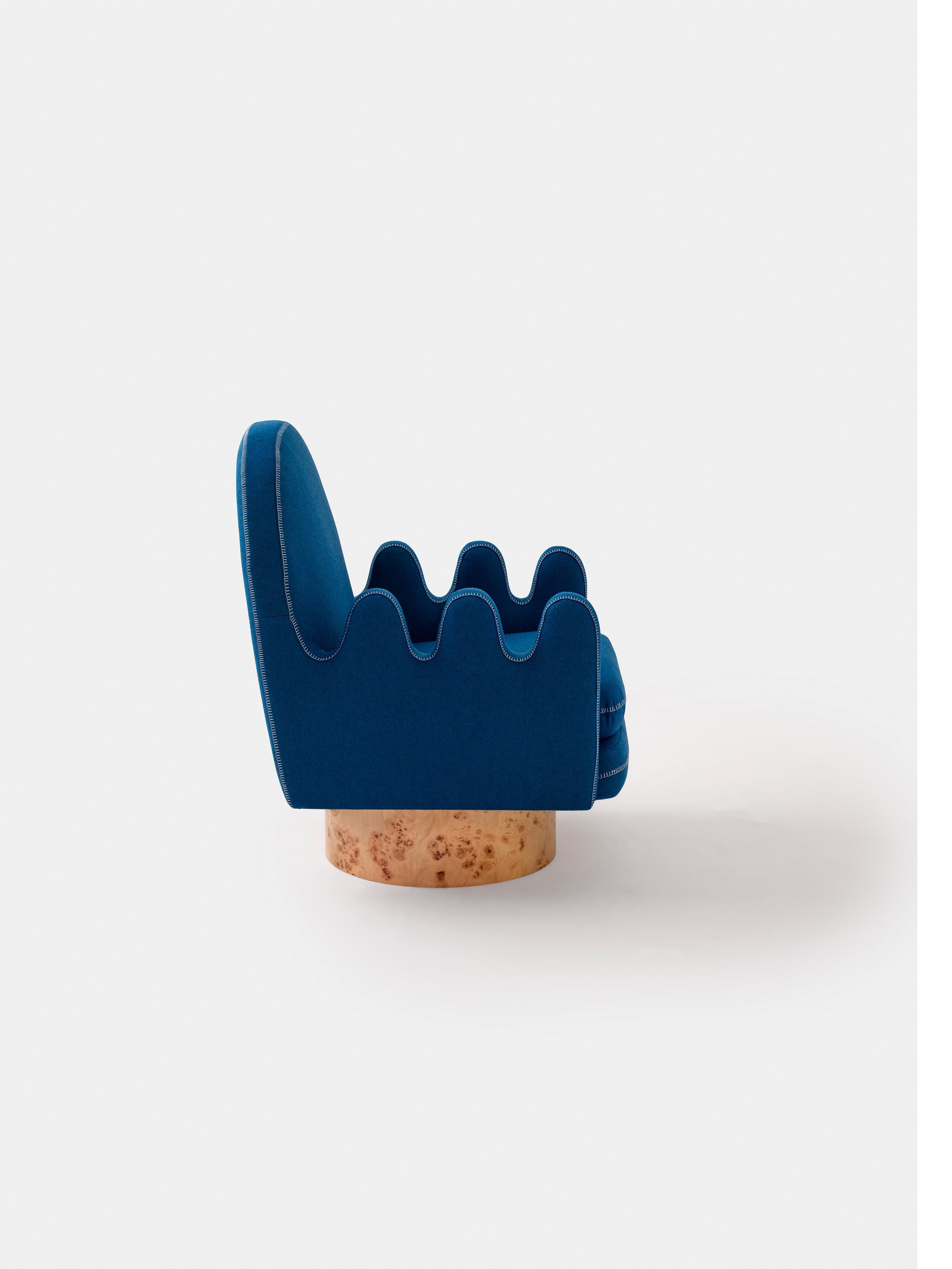 Turkish Semo Armchair in Navy by Merve Kahraman, Burl Wood Upholstery White Stitching For Sale