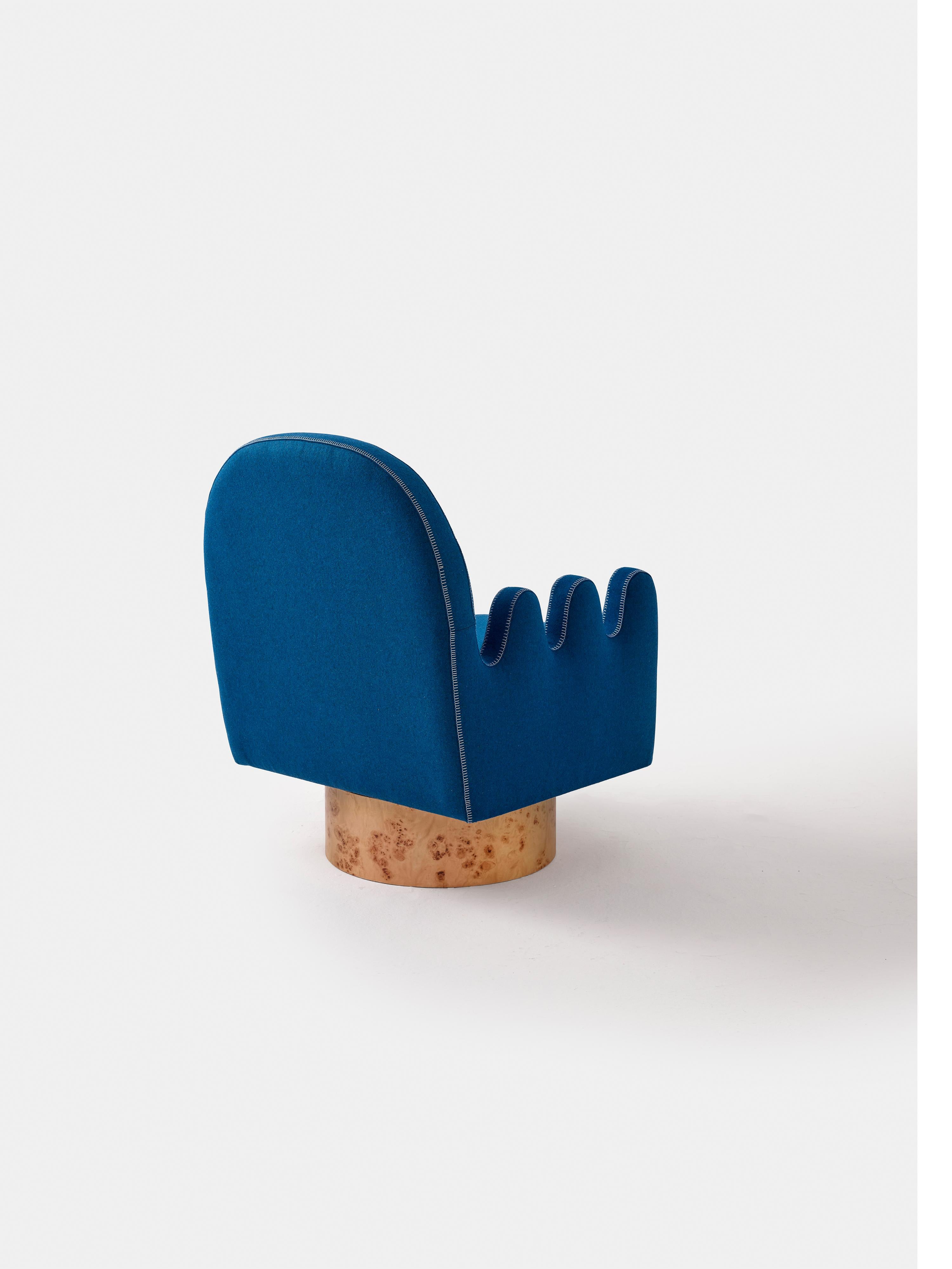 Hand-Crafted Semo Armchair in Navy by Merve Kahraman, Burl Wood Upholstery White Stitching For Sale