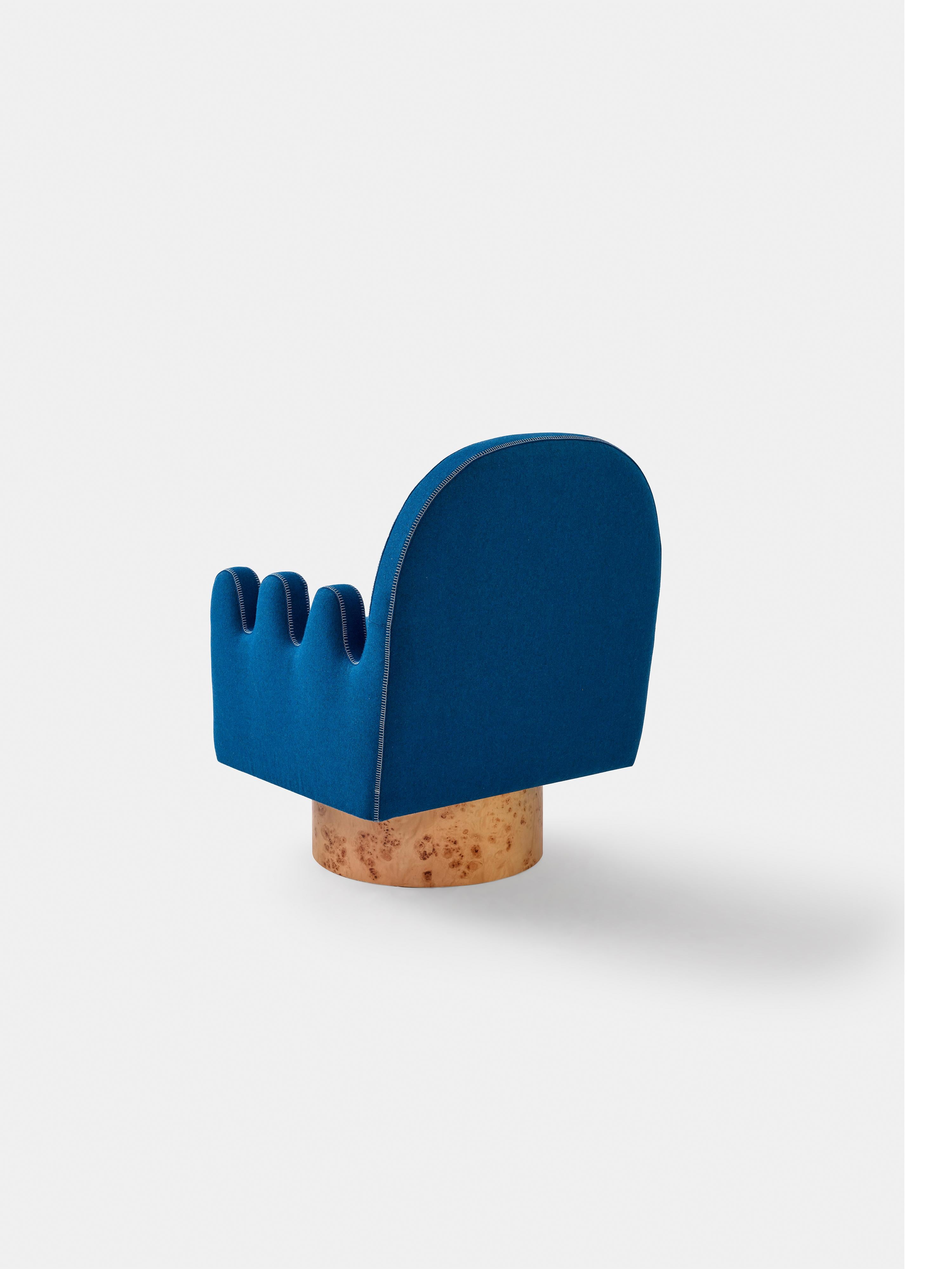 Contemporary Semo Armchair in Navy by Merve Kahraman, Burl Wood Upholstery White Stitching For Sale