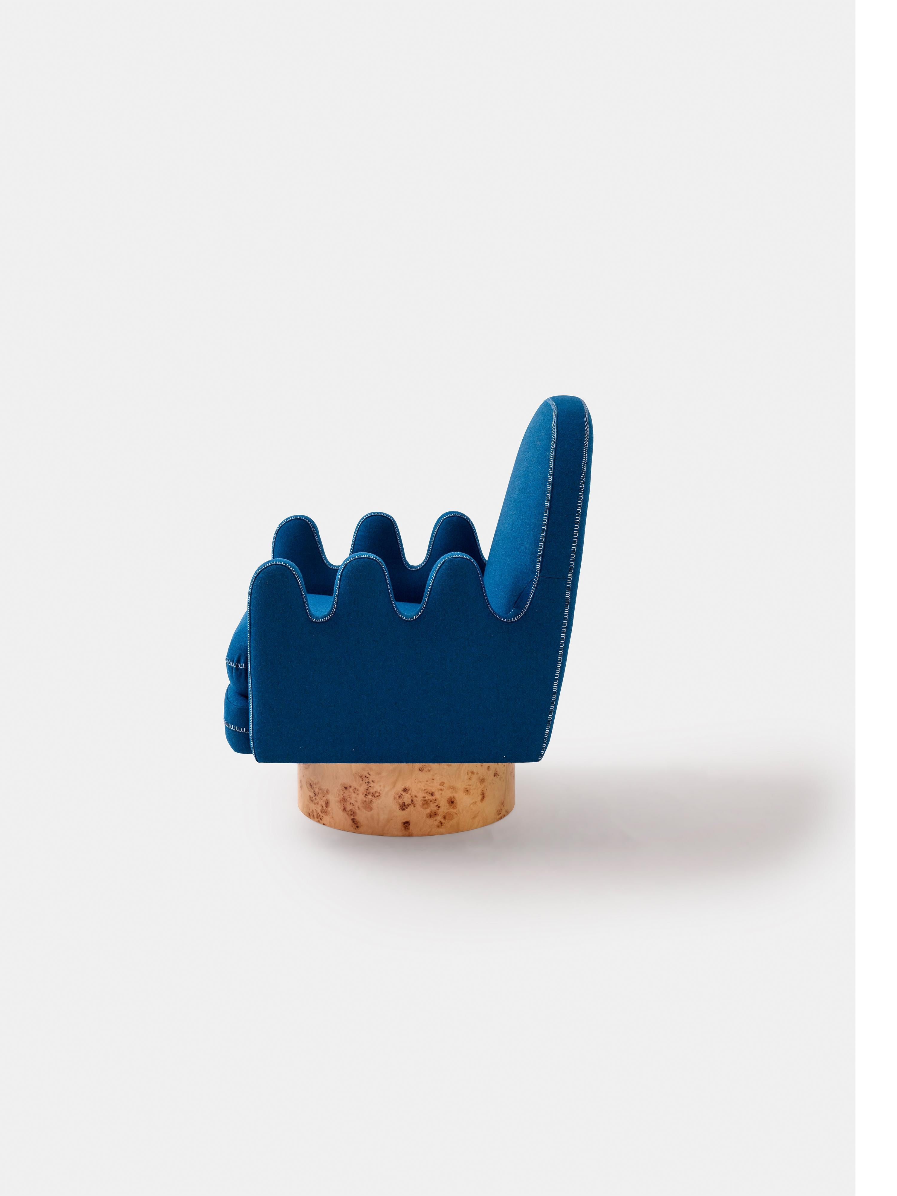 Fabric Semo Armchair in Navy by Merve Kahraman, Burl Wood Upholstery White Stitching For Sale