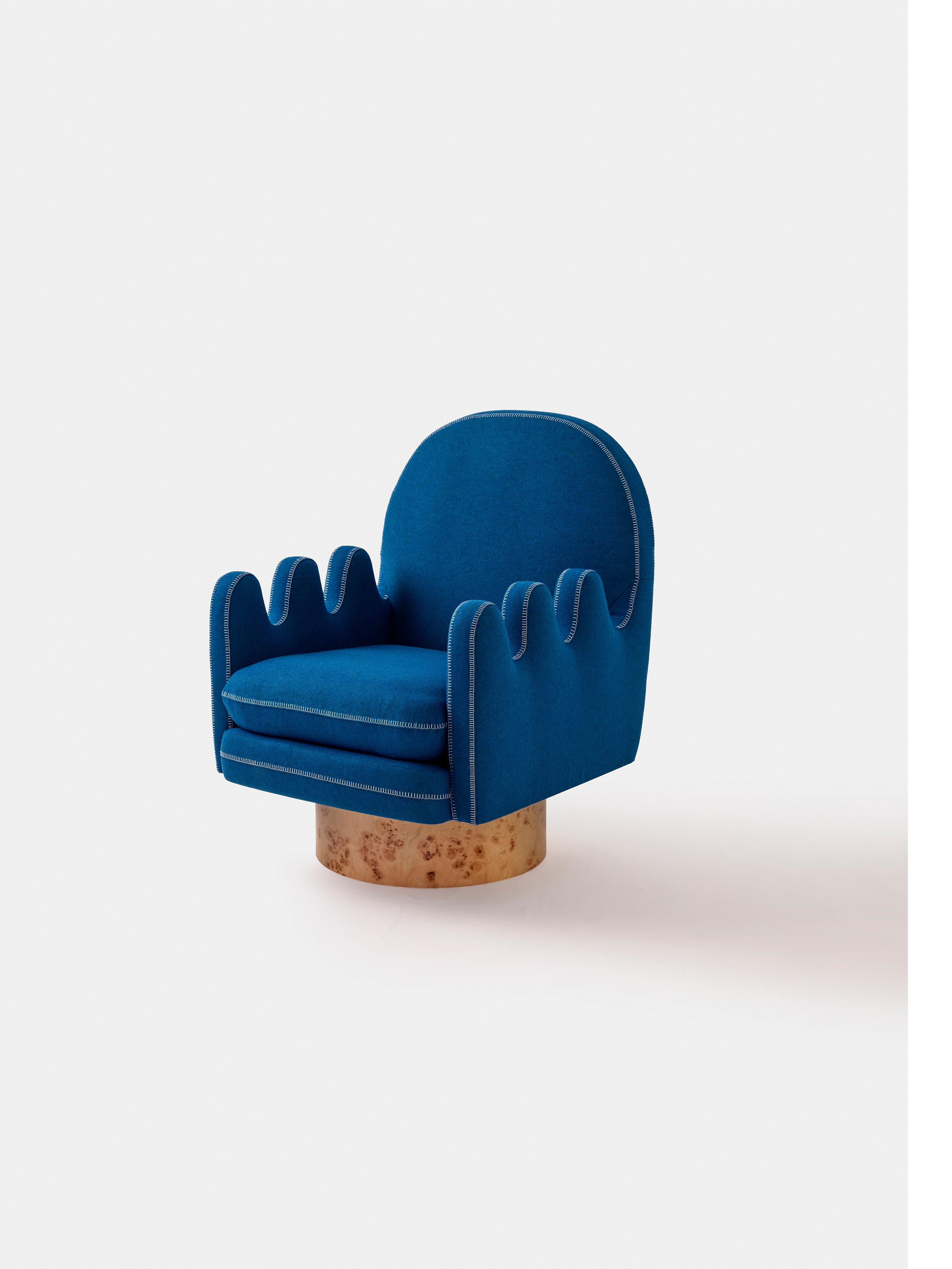 Semo Armchair in Navy by Merve Kahraman, Burl Wood Upholstery White Stitching For Sale 1
