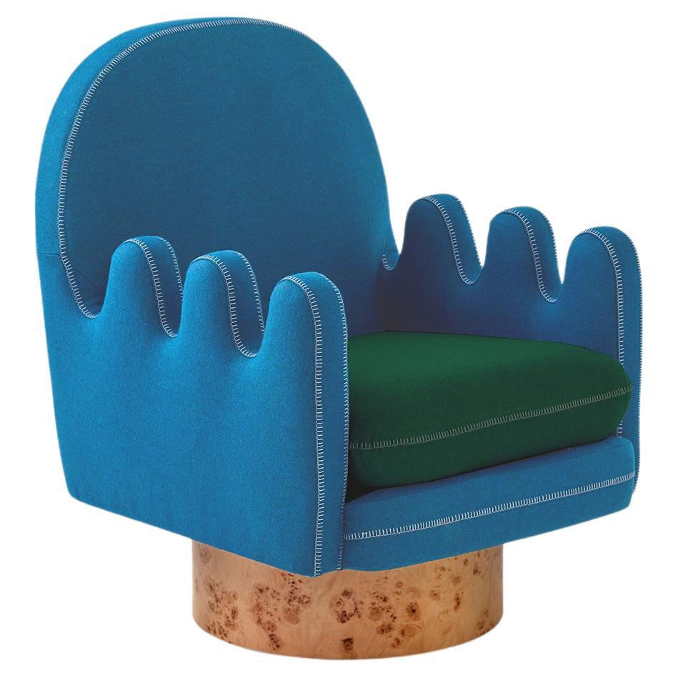 Semo Armchair with Blue and Green Fabric and Polished Burl Wood For Sale