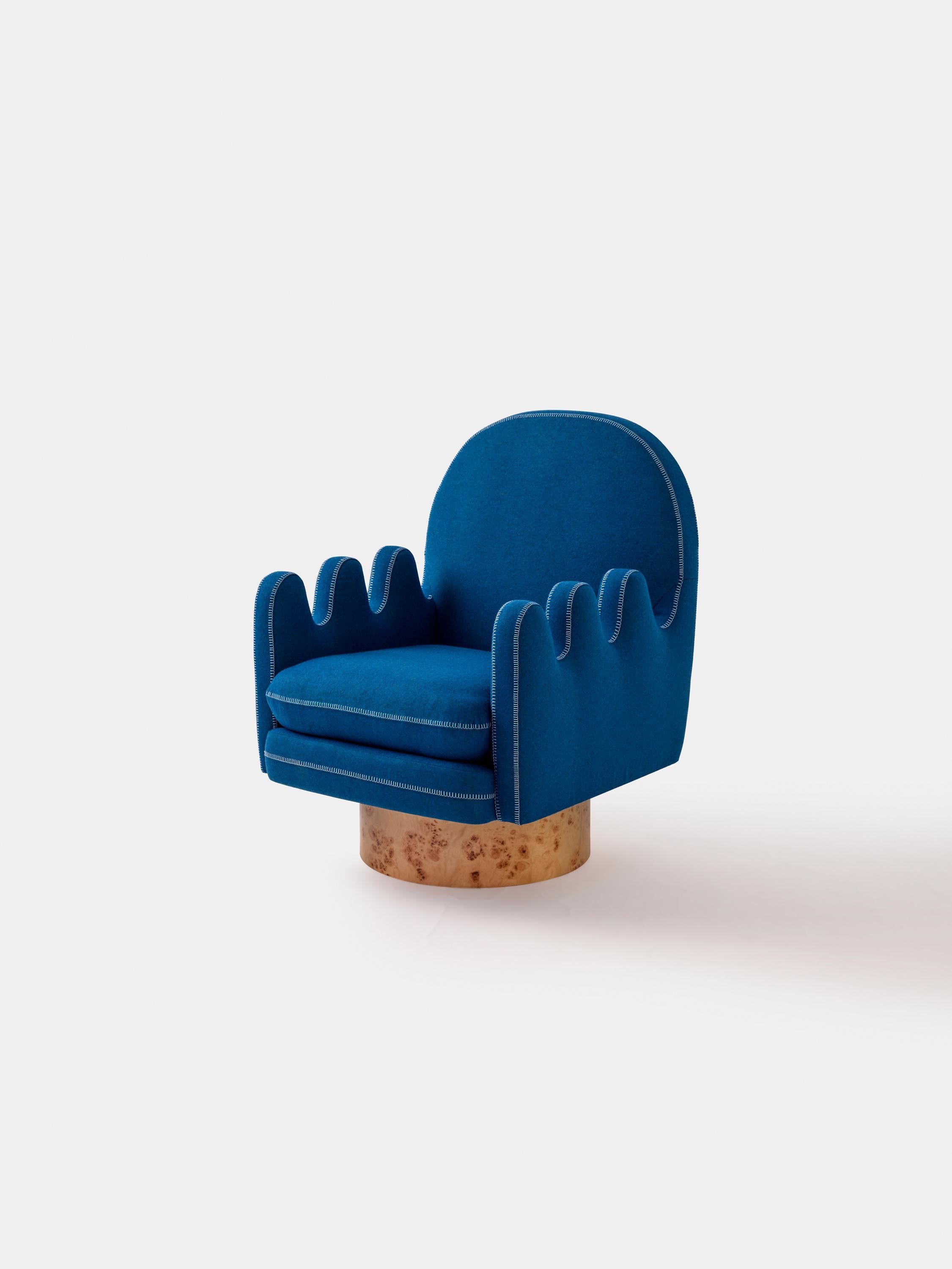 Contemporary Semo Armchair with Blue Fabric and Polished Burl Wood For Sale