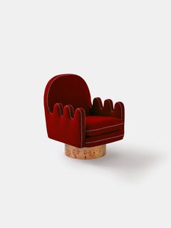 Semo Armchair with Dark Red Fabric and Polished Burl Wood