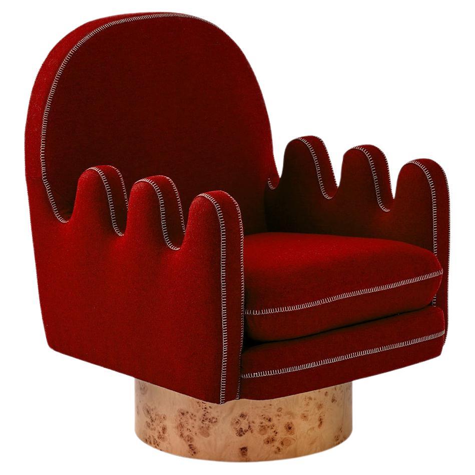 Semo Armchair with Dark Red Fabric and Polished Burl Wood For Sale