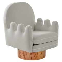 Semo Armchair with Gray Fabric and Polished Burl Wood