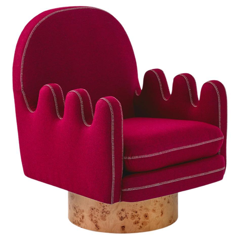 Semo Armchair with Magenta Fabric and Polished Burl Wood For Sale