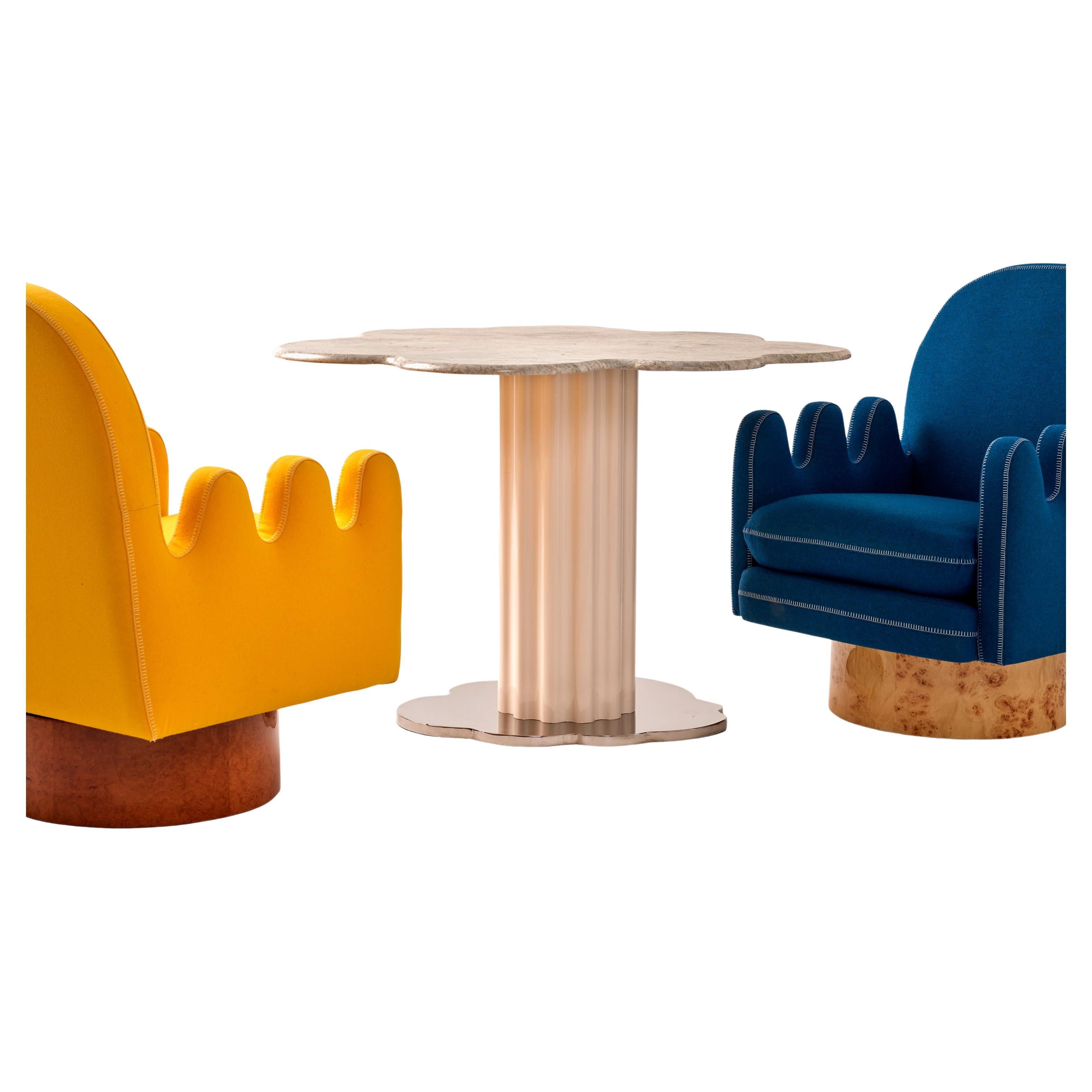 Semo-Sessel mit marineblauem Stoff und poliertem Wurzelholz im Angebot 3