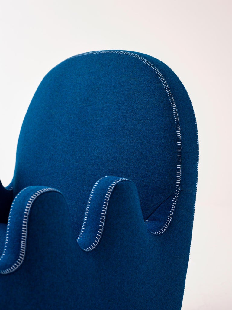 Semo Armchair with Navy Fabric and Polished Burl Wood For Sale at 1stDibs