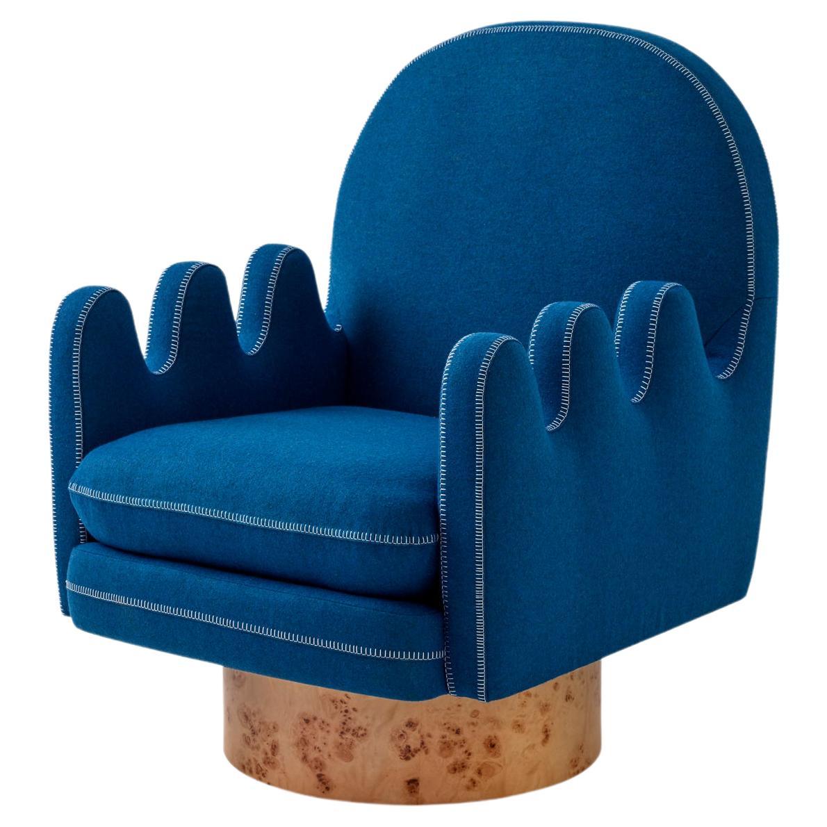 Semo Armchair with Navy Fabric and Polished Burl Wood For Sale