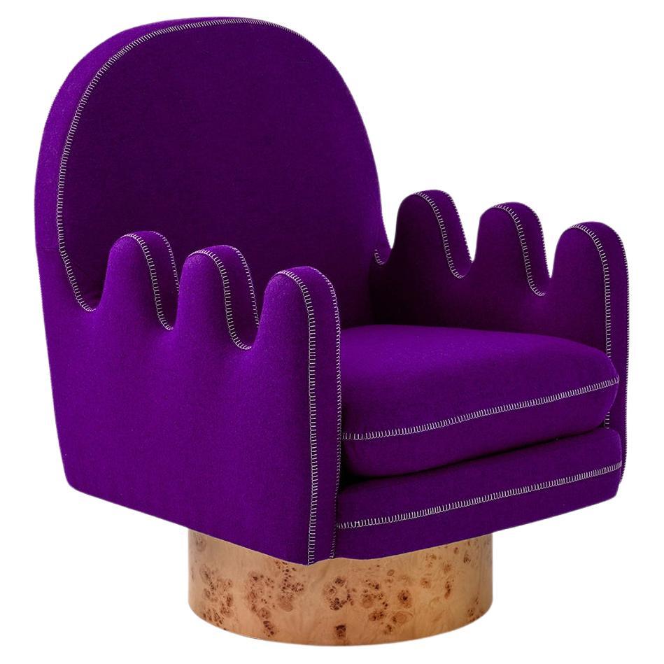 Semo Armchair with Purple Fabric and Polished Burl Wood For Sale