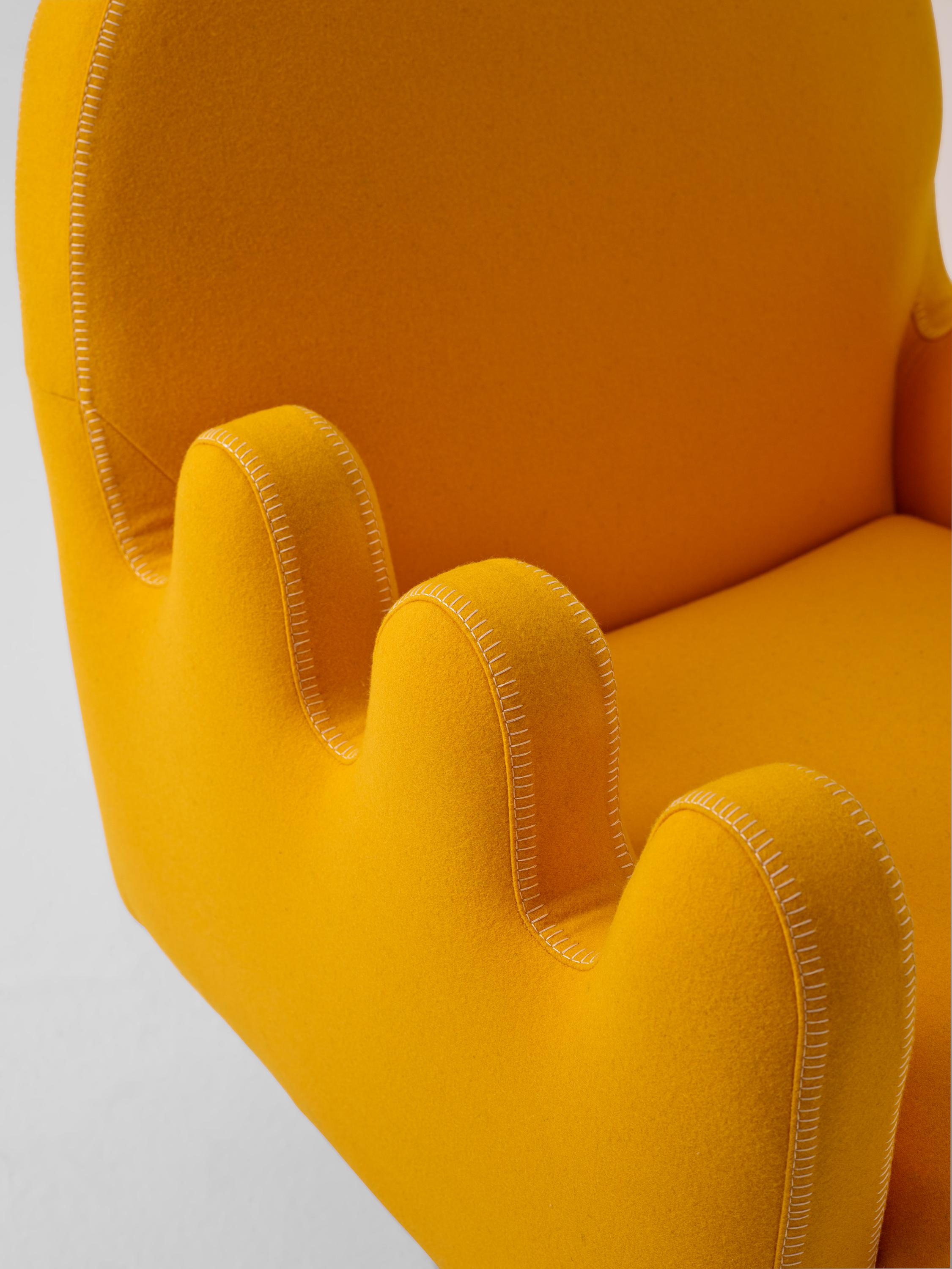 Contemporary Semo Armchair with Yellow Fabric and Polished Burl Wood For Sale