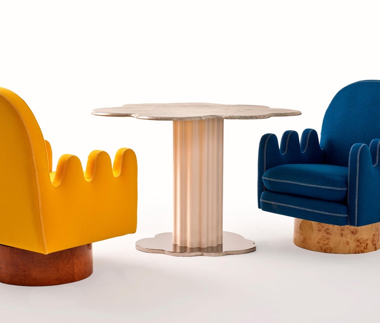 Semo Armchair with Yellow Fabric and Polished Burl Wood For Sale at