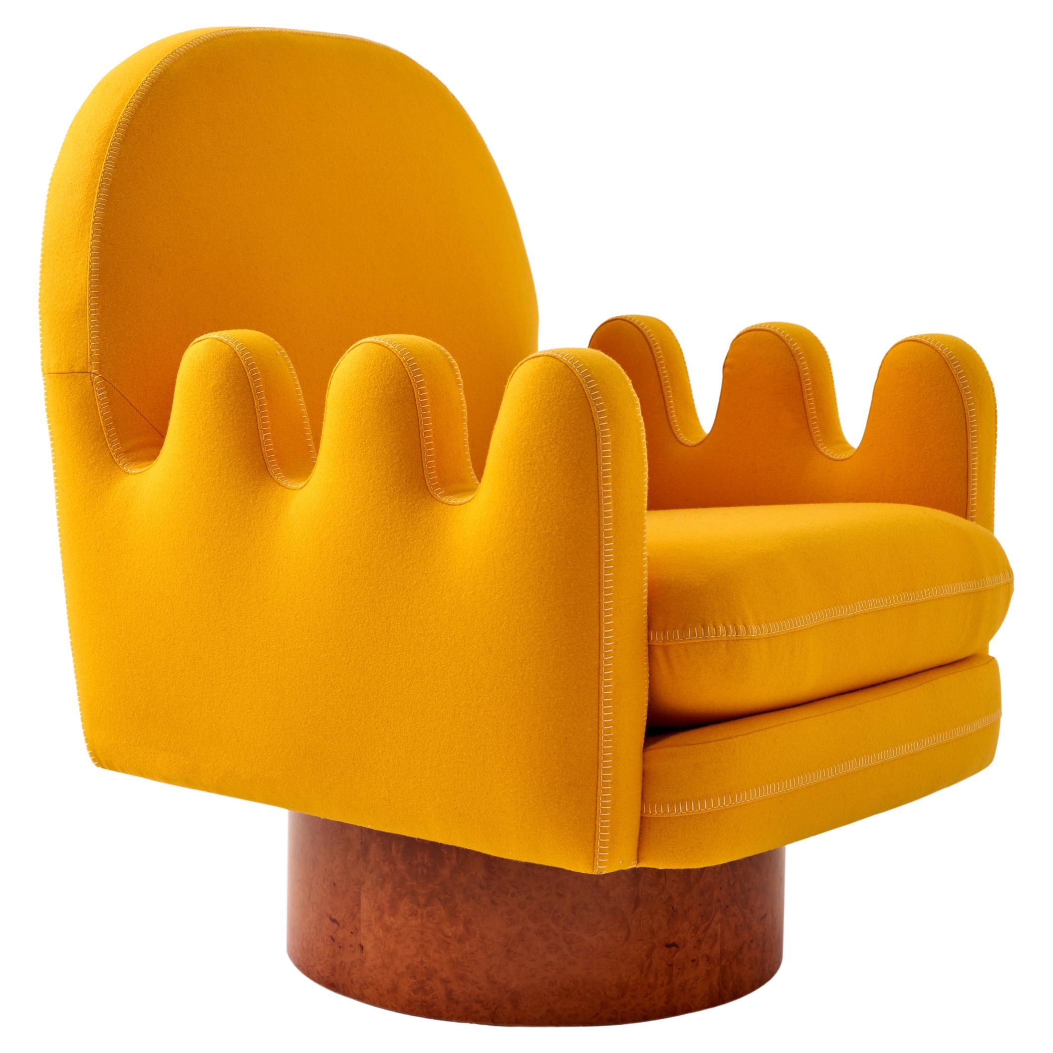 Semo Armchair with Yellow Fabric and Polished Burl Wood