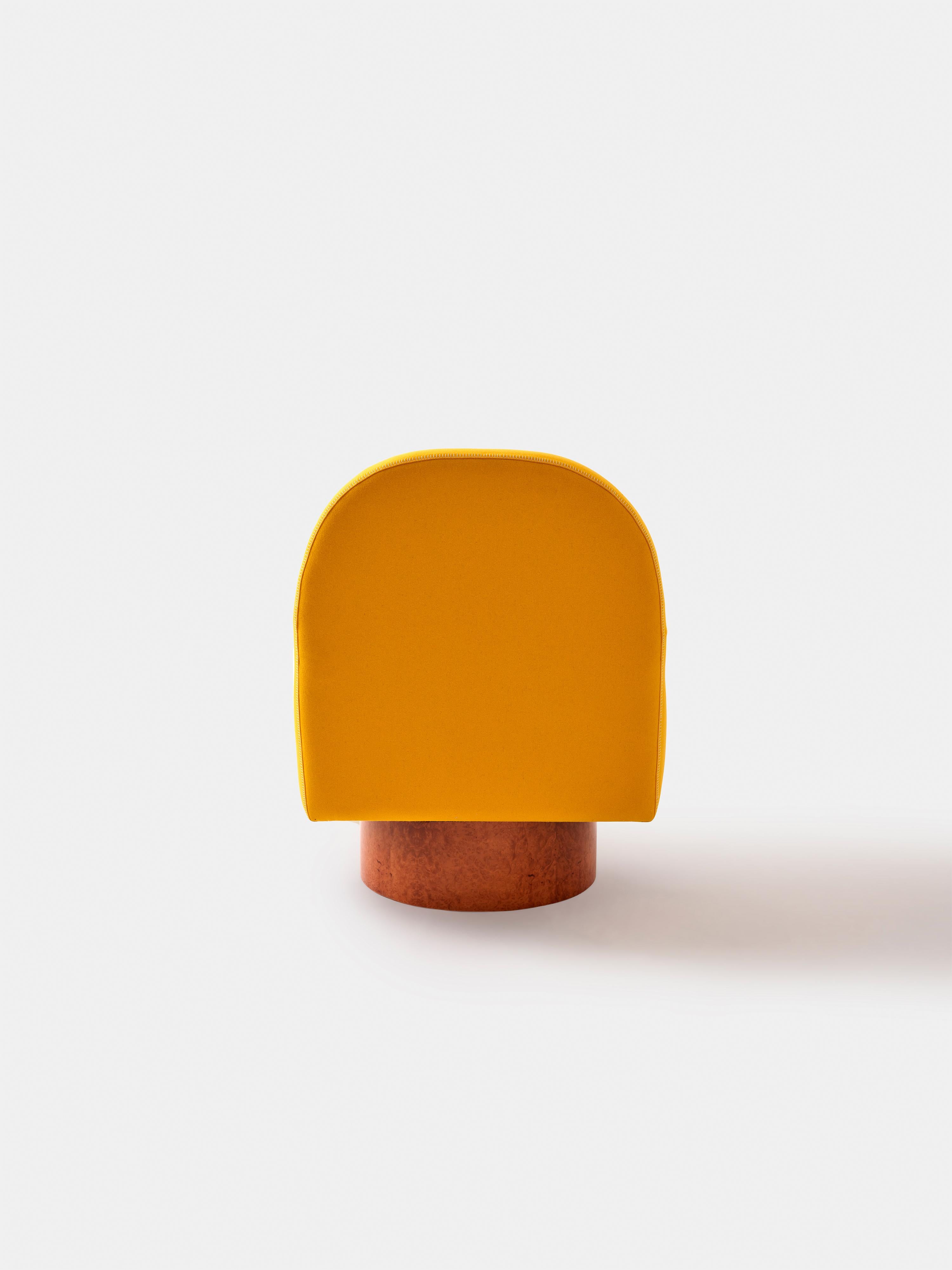 Hand-Crafted Semo Armchair Yellow by Merve Kahraman, Burl Wood Upholstery White Stitching For Sale