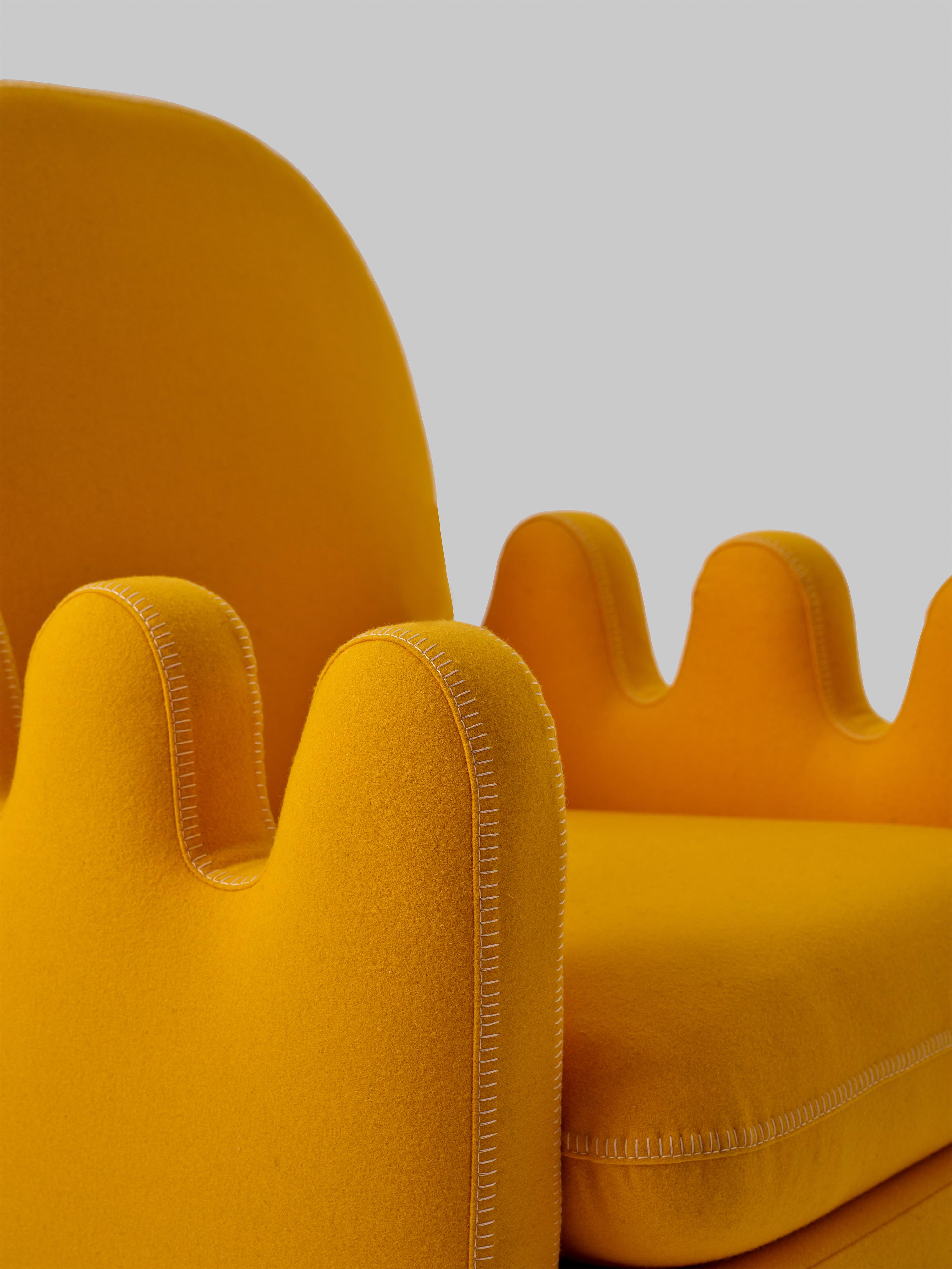 Semo Armchair Yellow by Merve Kahraman, Burl Wood Upholstery White Stitching In New Condition For Sale In New York, NY