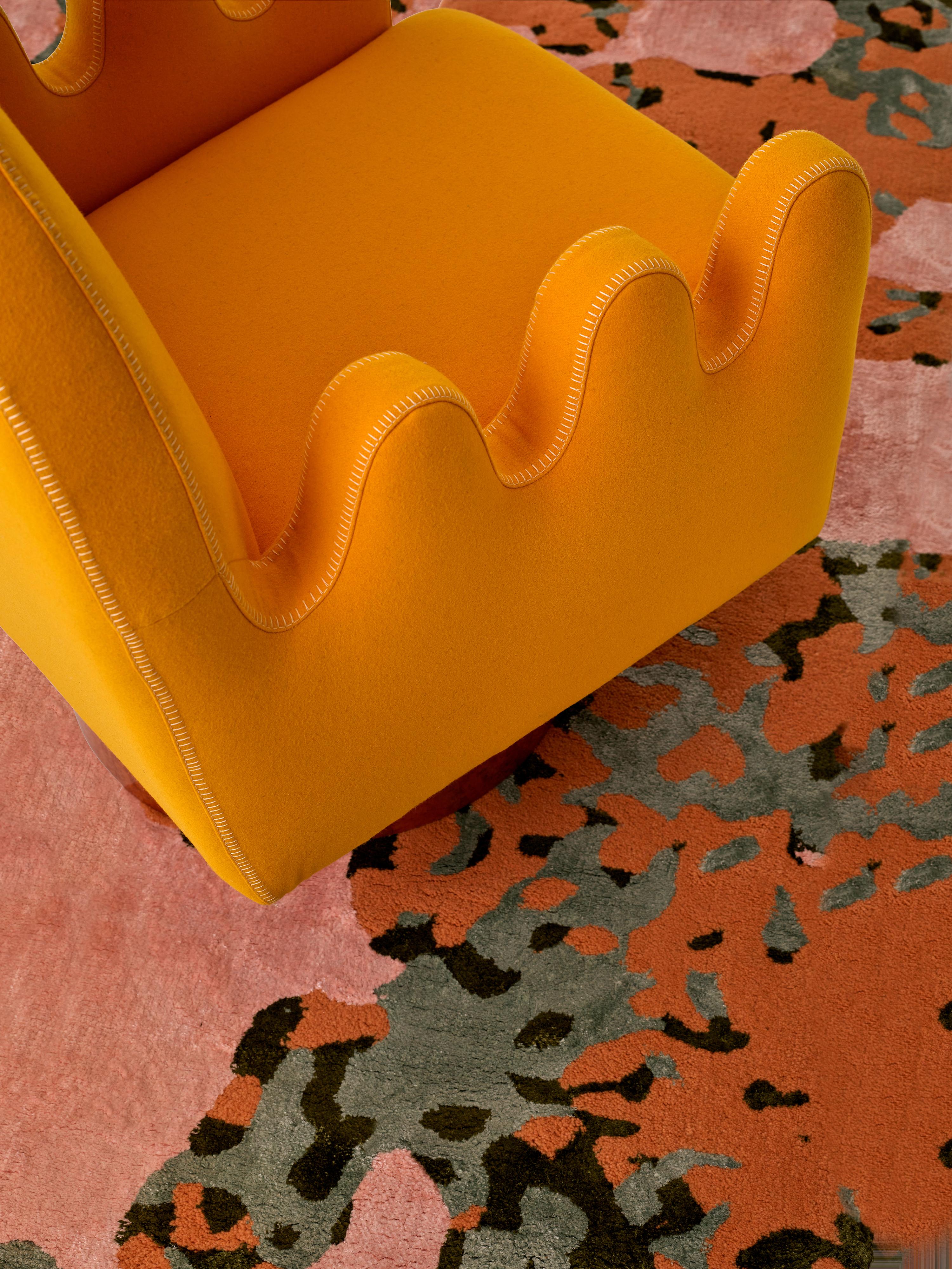 Fabric Semo Armchair Yellow by Merve Kahraman, Burl Wood Upholstery White Stitching For Sale