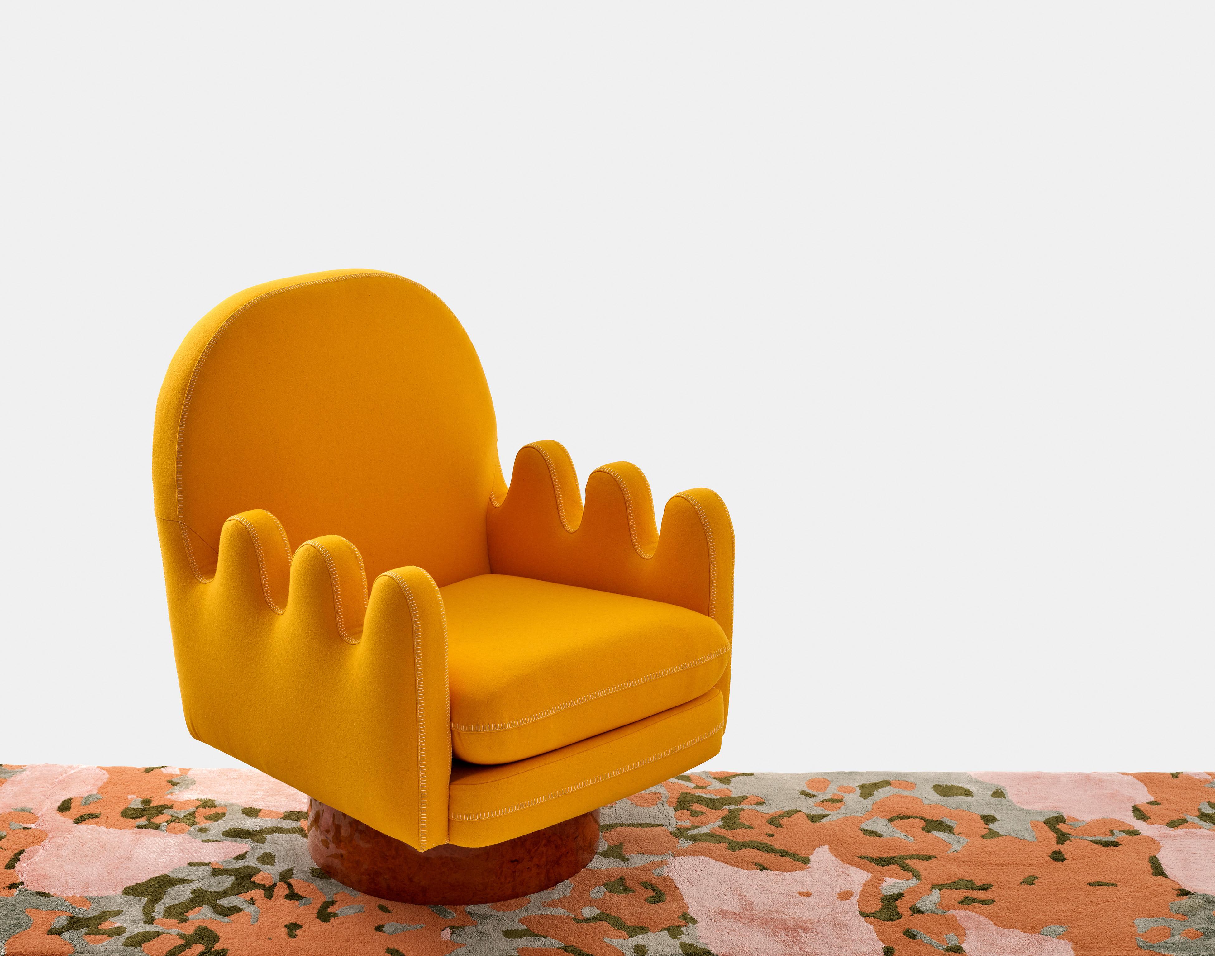 Semo Armchair Yellow by Merve Kahraman, Burl Wood Upholstery White Stitching For Sale 1