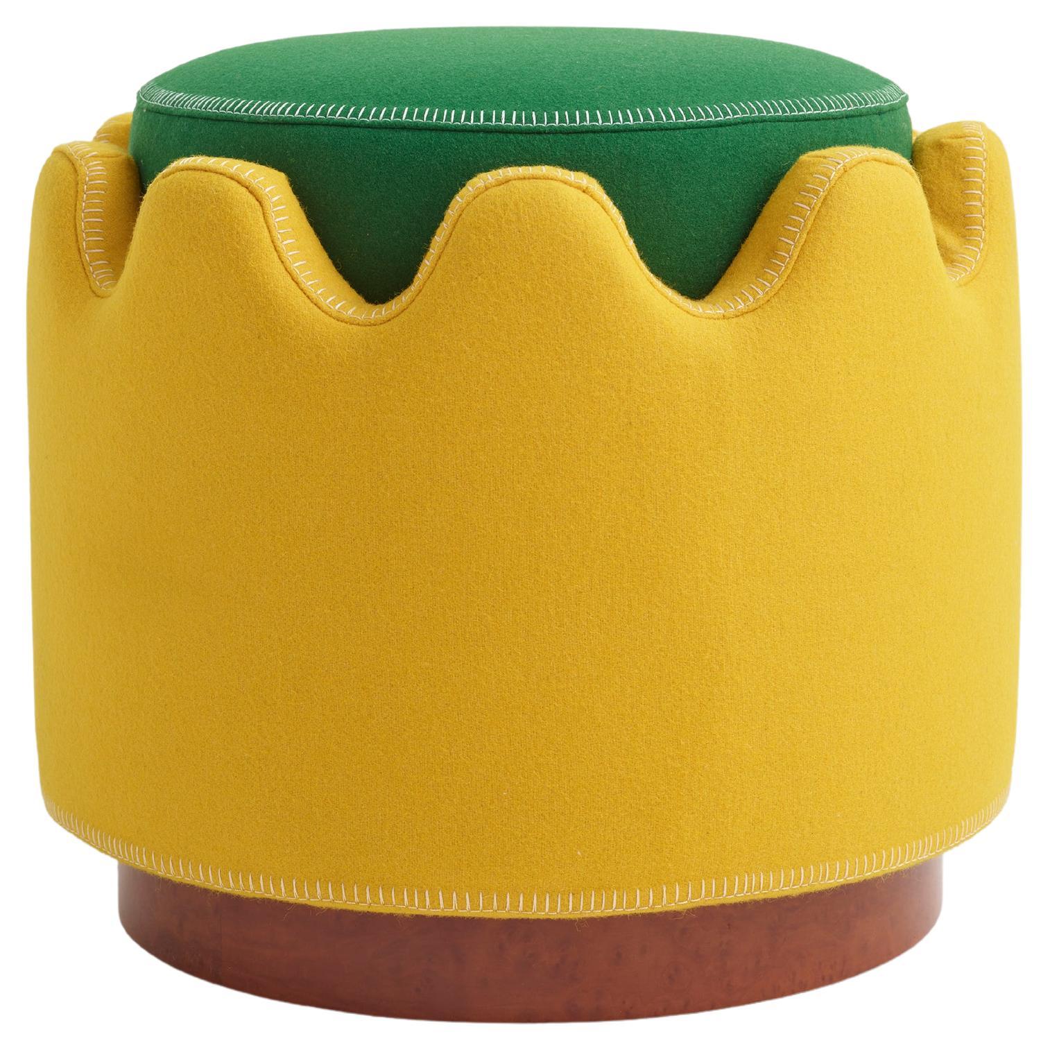 Semo Stool by Merve Kahraman, Yellow & Green Upholstery Burl Wood