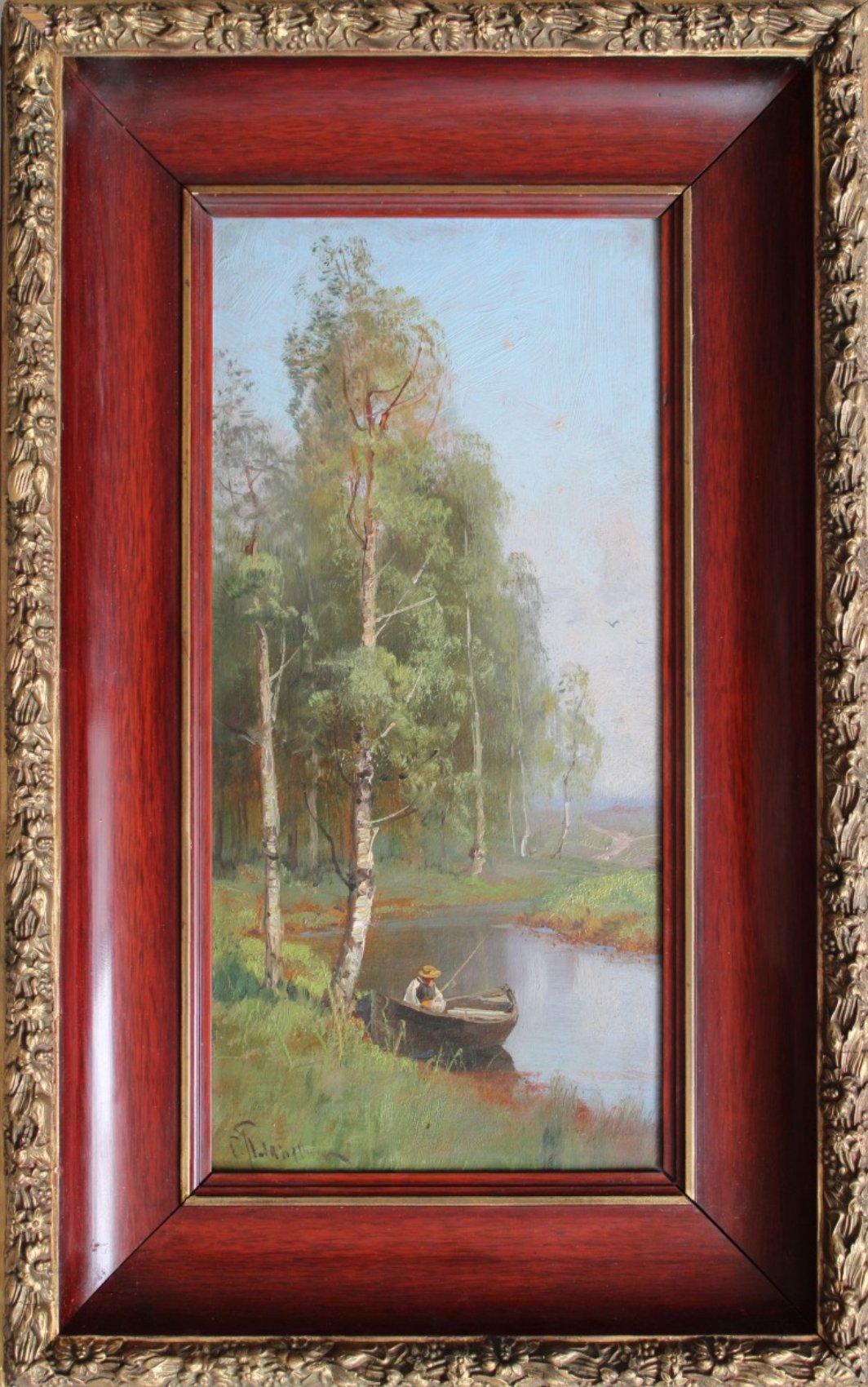 Fisherman On The River  Oil on cardboard, 40x20 cm - Painting by Semyon Sergeevich Platonov