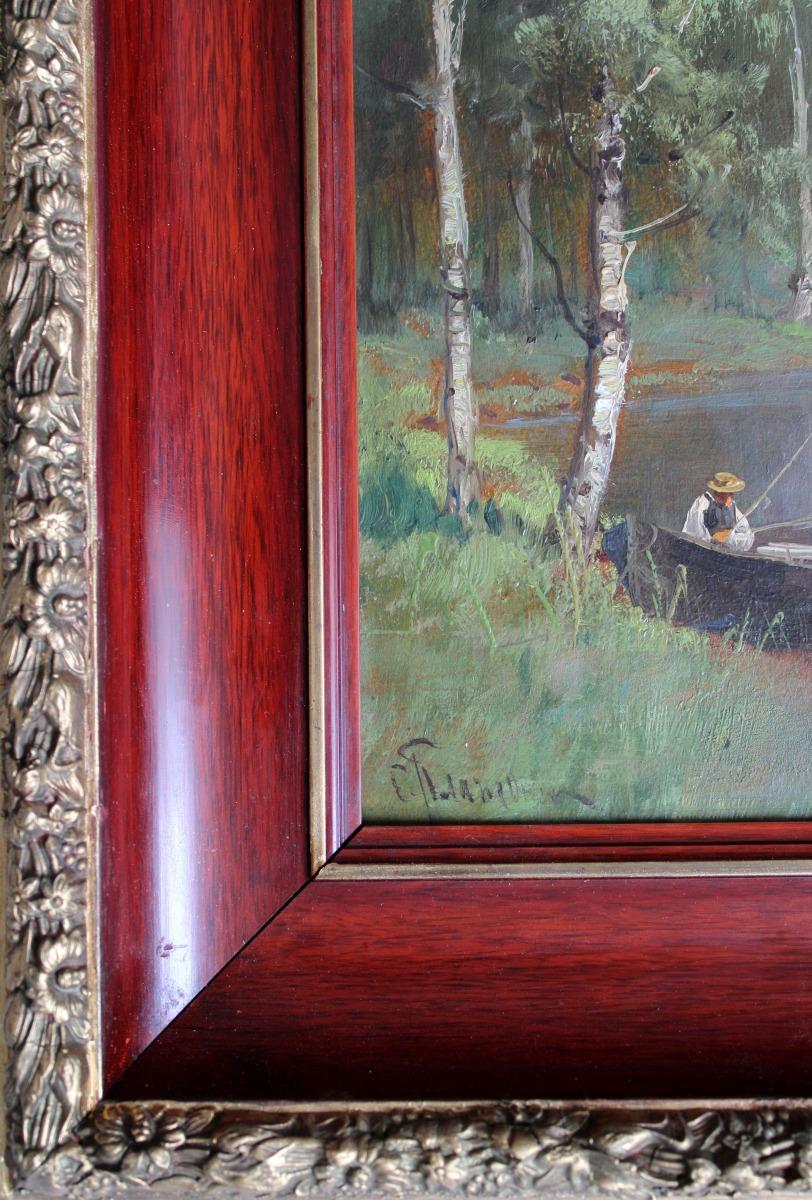 Fisherman On The River  Oil on cardboard, 40x20 cm - Realist Painting by Semyon Sergeevich Platonov