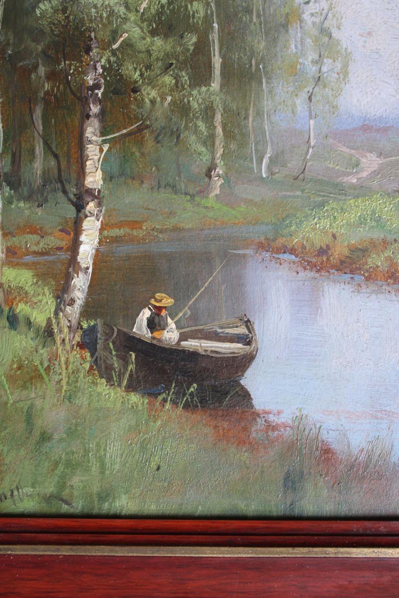 Fisherman On The River  Oil on cardboard, 40x20 cm - Brown Landscape Painting by Semyon Sergeevich Platonov