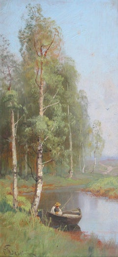 Fisherman On The River  Oil on cardboard, 40x20 cm