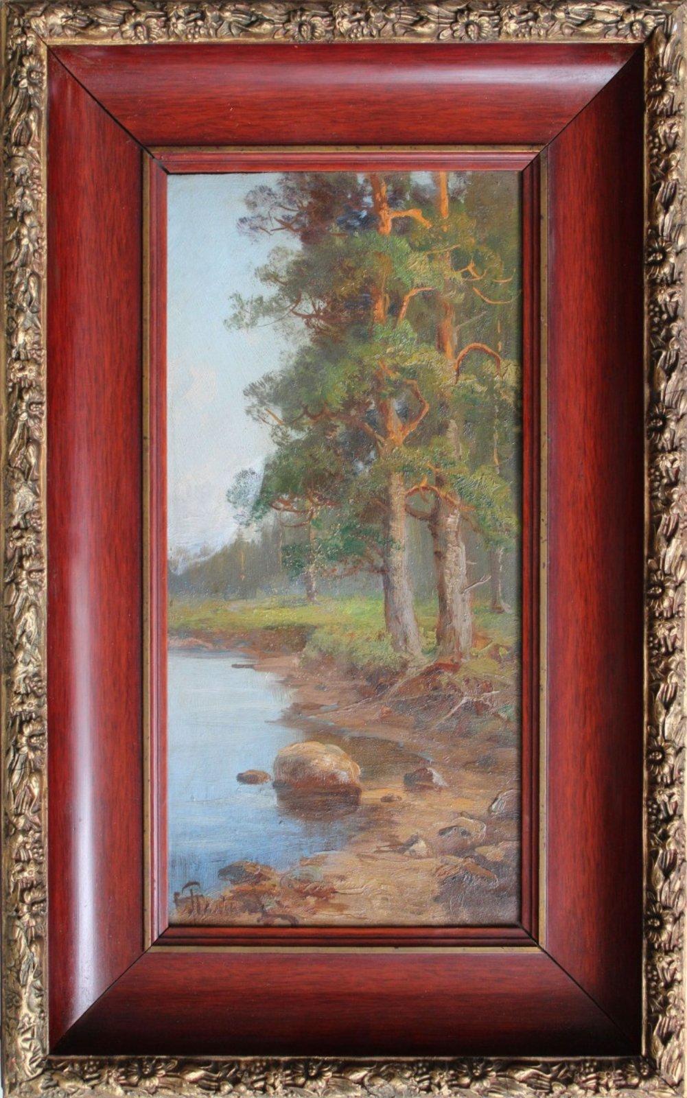 Pine trees on the river bank  Cardboard, oil, 39x20 cm - Painting by Semyon Sergeevich Platonov