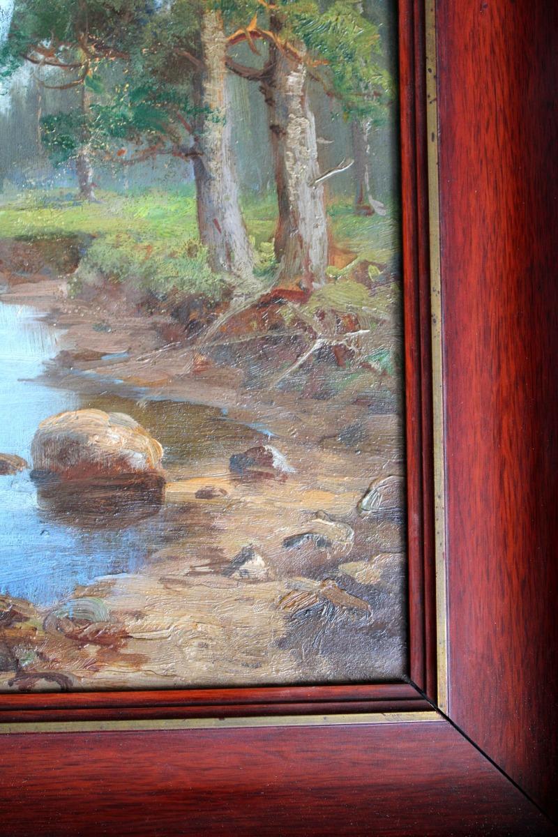 Pine trees on the river bank  Cardboard, oil, 39x20 cm - Gray Landscape Painting by Semyon Sergeevich Platonov