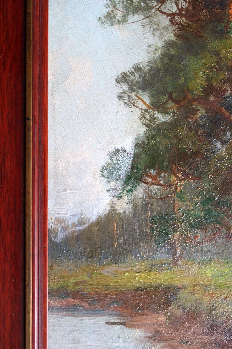 Pine trees on the river bank  Cardboard, oil, 39x20 cm For Sale 1