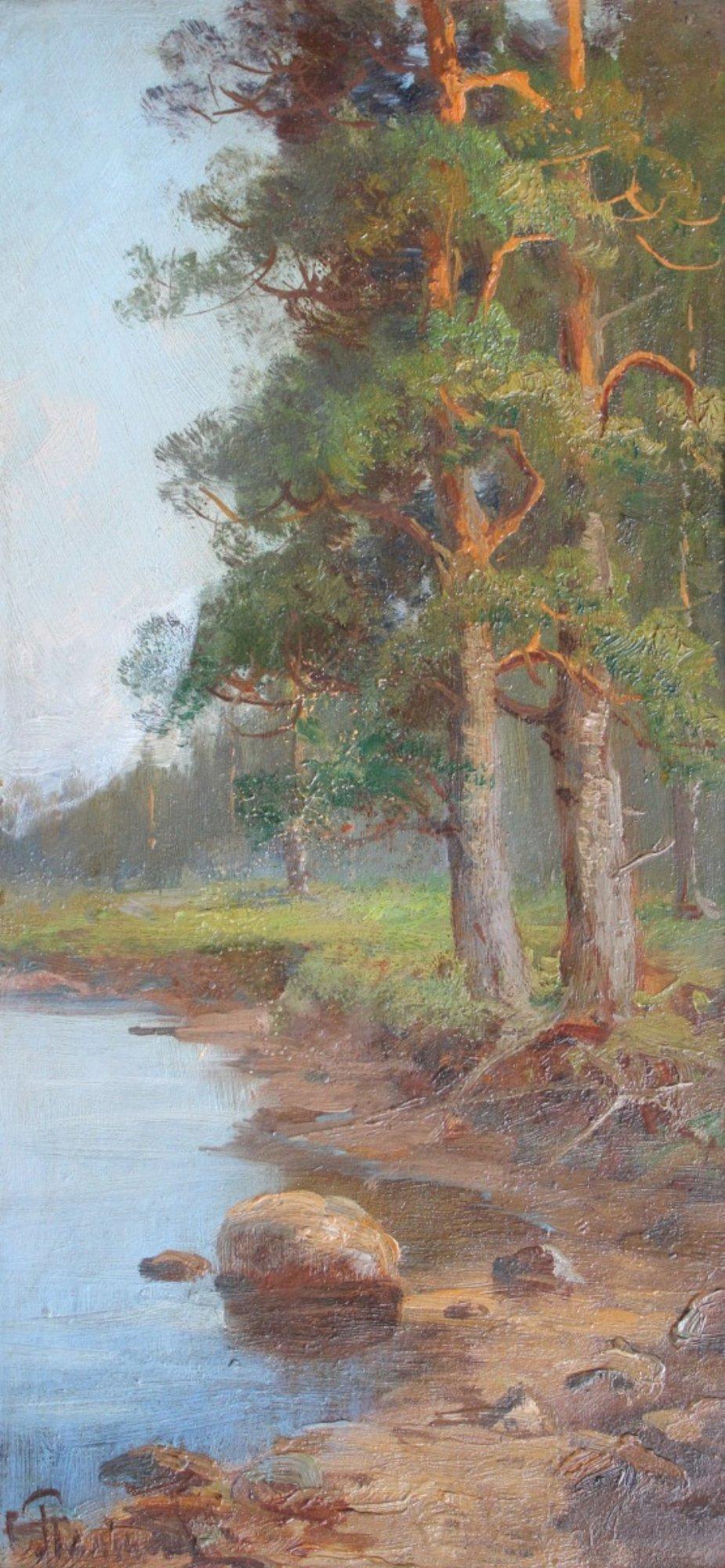 Semyon Sergeevich Platonov Landscape Painting - Pine trees on the river bank  Cardboard, oil, 39x20 cm