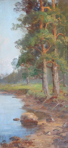 Pine trees on the river bank  Cardboard, oil, 39x20 cm