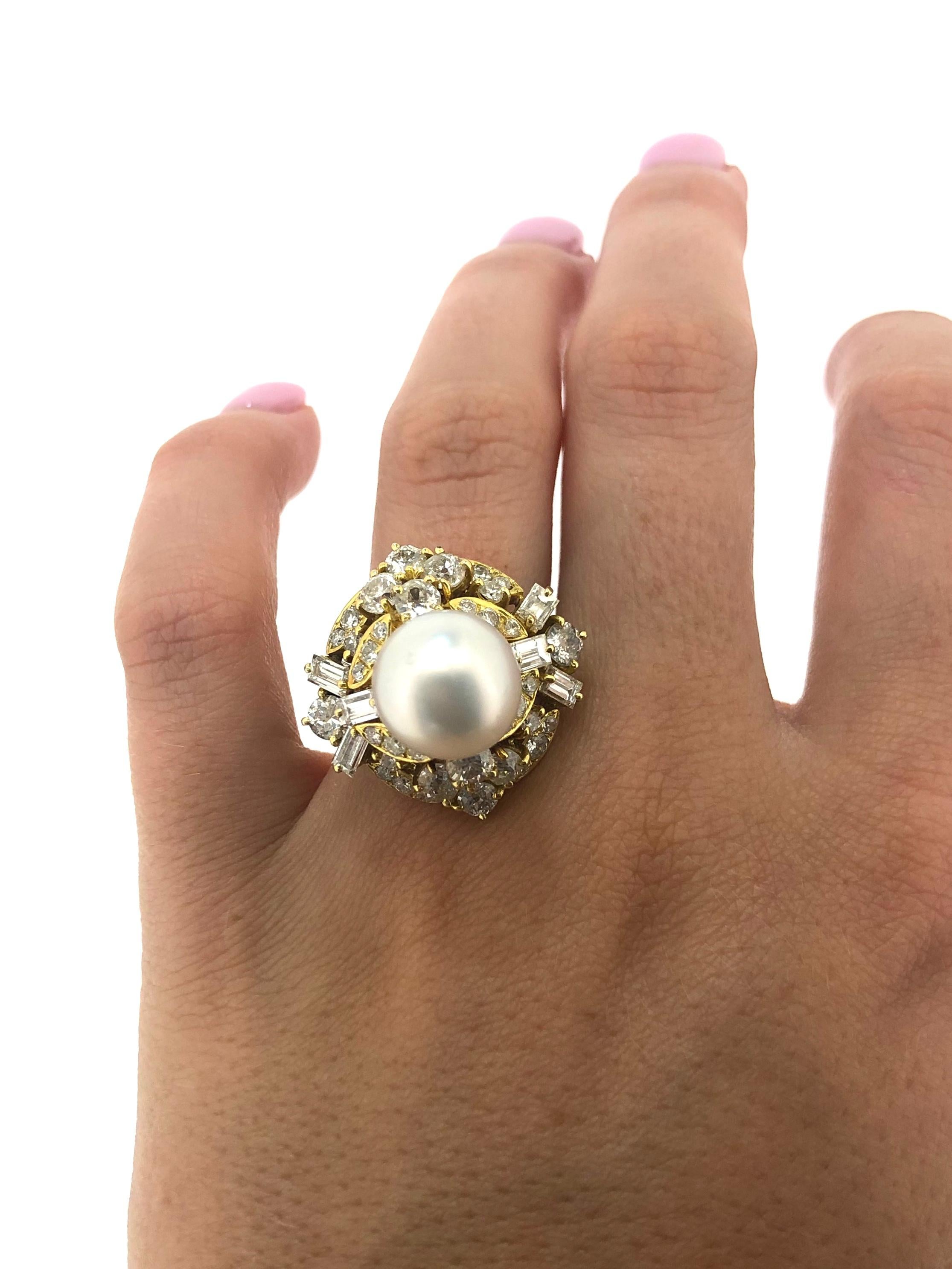 Women's Sena Yellow Gold South Sea Pearl and Diamond Cocktail Ring For Sale