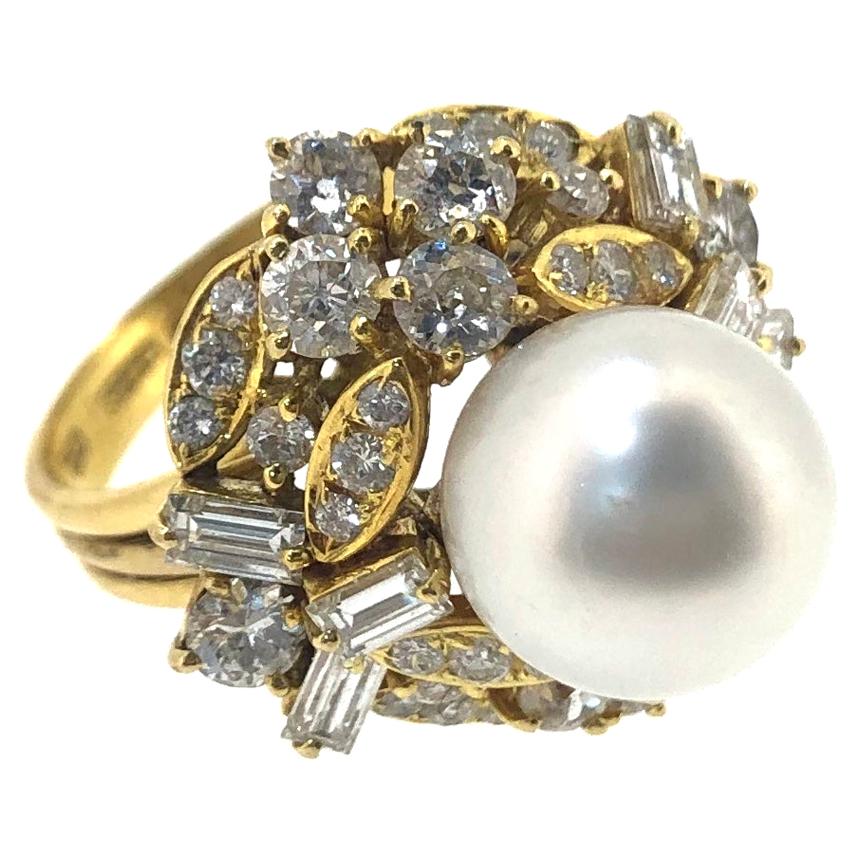 Sena Yellow Gold South Sea Pearl and Diamond Cocktail Ring For Sale