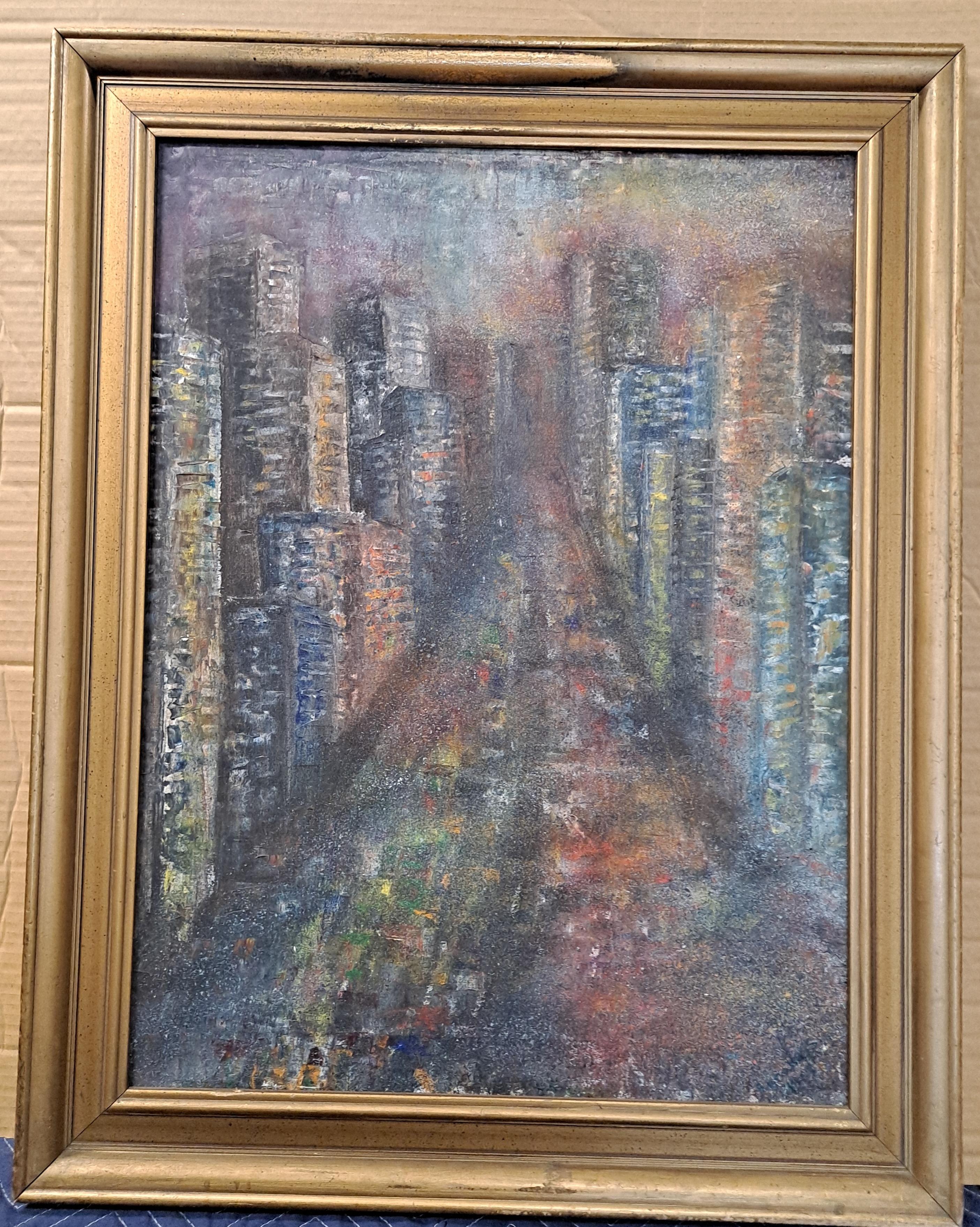 Senaka Senanayake (1951-active) "New York, 5th Avenue" abstract
Oil on canvas
22" W x 29.25" H
Frame: 28" W x 35.75" H

Biography
Senaka was born on 20 March 1951 in an illustrious family of Sri Lanka, which produced two Prime Ministers. He was