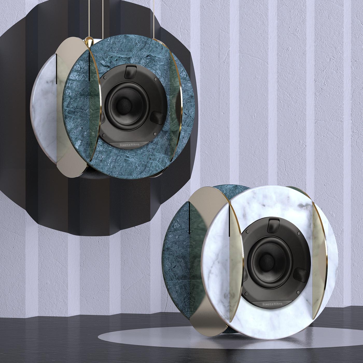 A timeless material gets a new calling in the Senato Marble Speaker Case by Efrem Bonacina and Pier Lomascolo. Crafted in brilliant rings of Carrara and Verde Imperial marbles with brass accents, the piece turns the speakers into a chic decorative