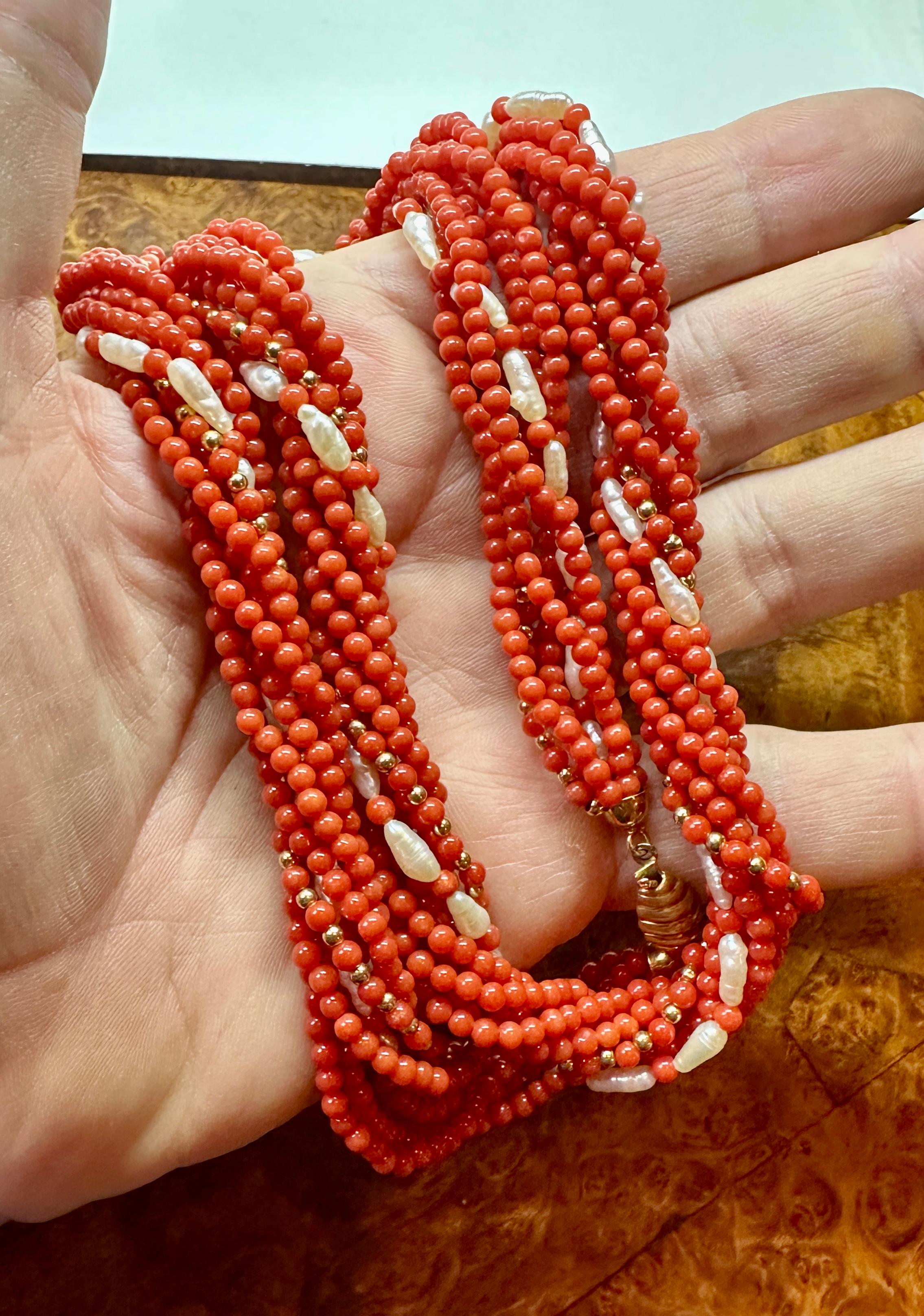 Senator Dianne Feinstein's Coral Pearl 18 Karat Gold Torsade Necklace 30 Inch For Sale 7