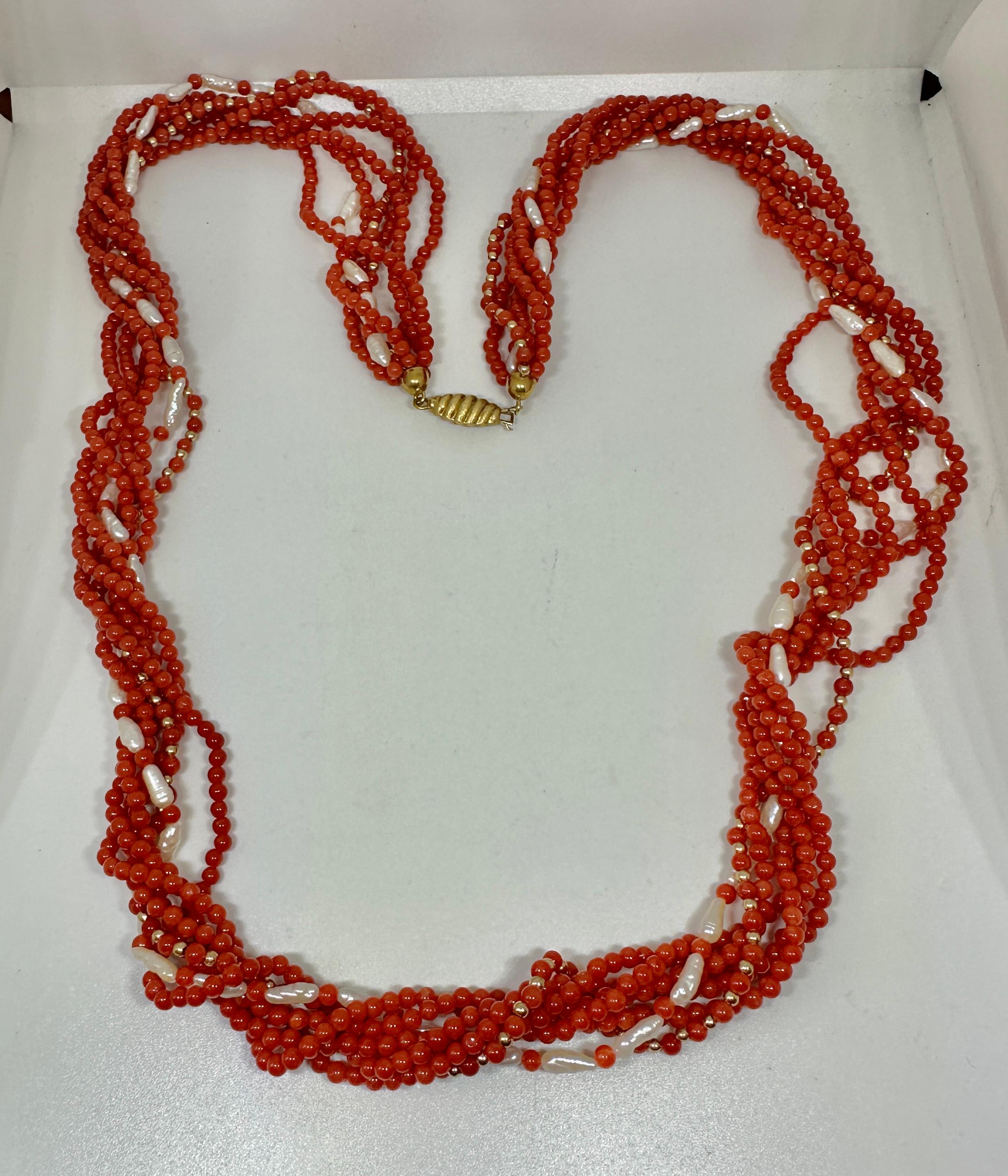 Contemporary Senator Dianne Feinstein's Coral Pearl 18 Karat Gold Torsade Necklace 30 Inch For Sale