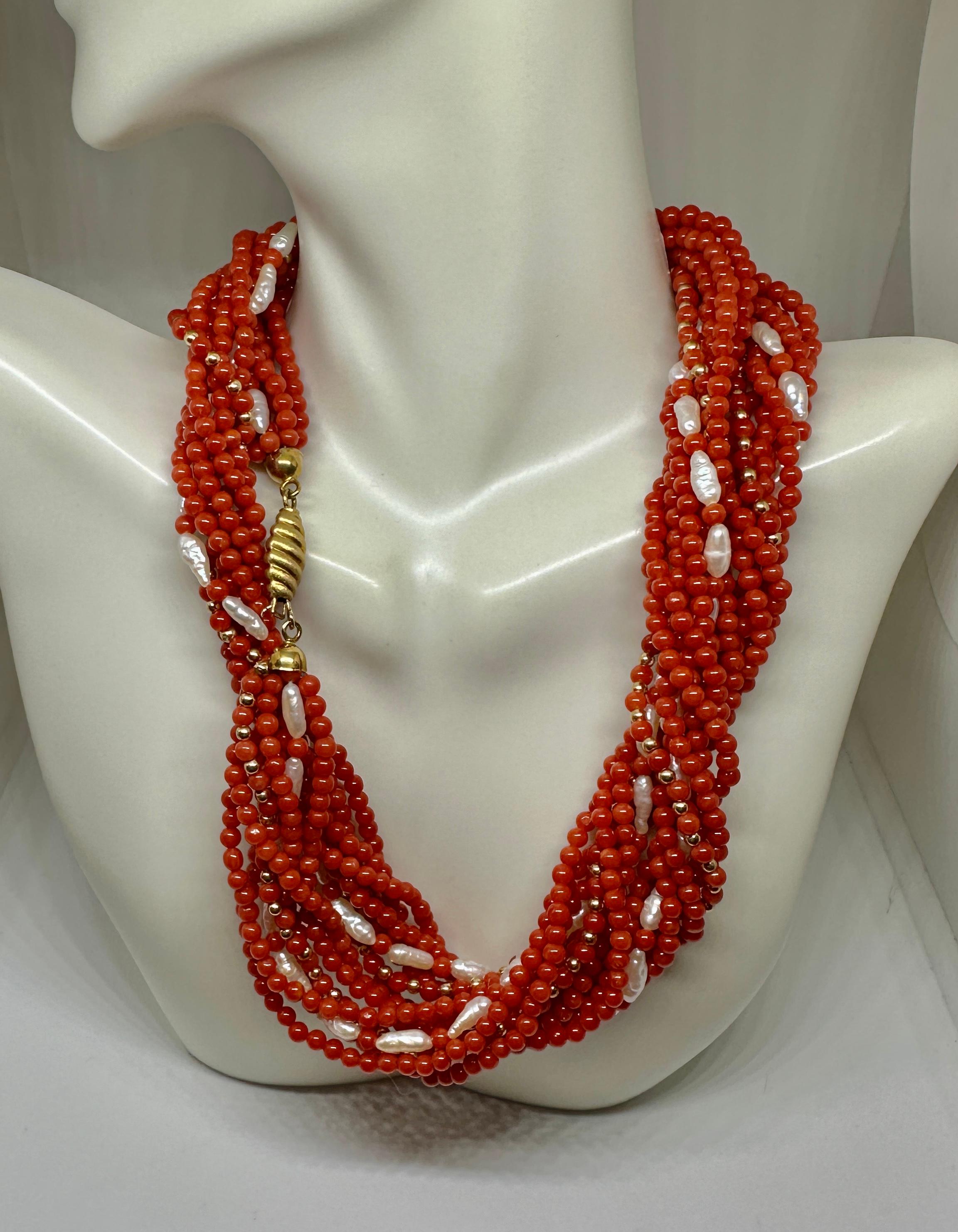 Bead Senator Dianne Feinstein's Coral Pearl 18 Karat Gold Torsade Necklace 30 Inch For Sale