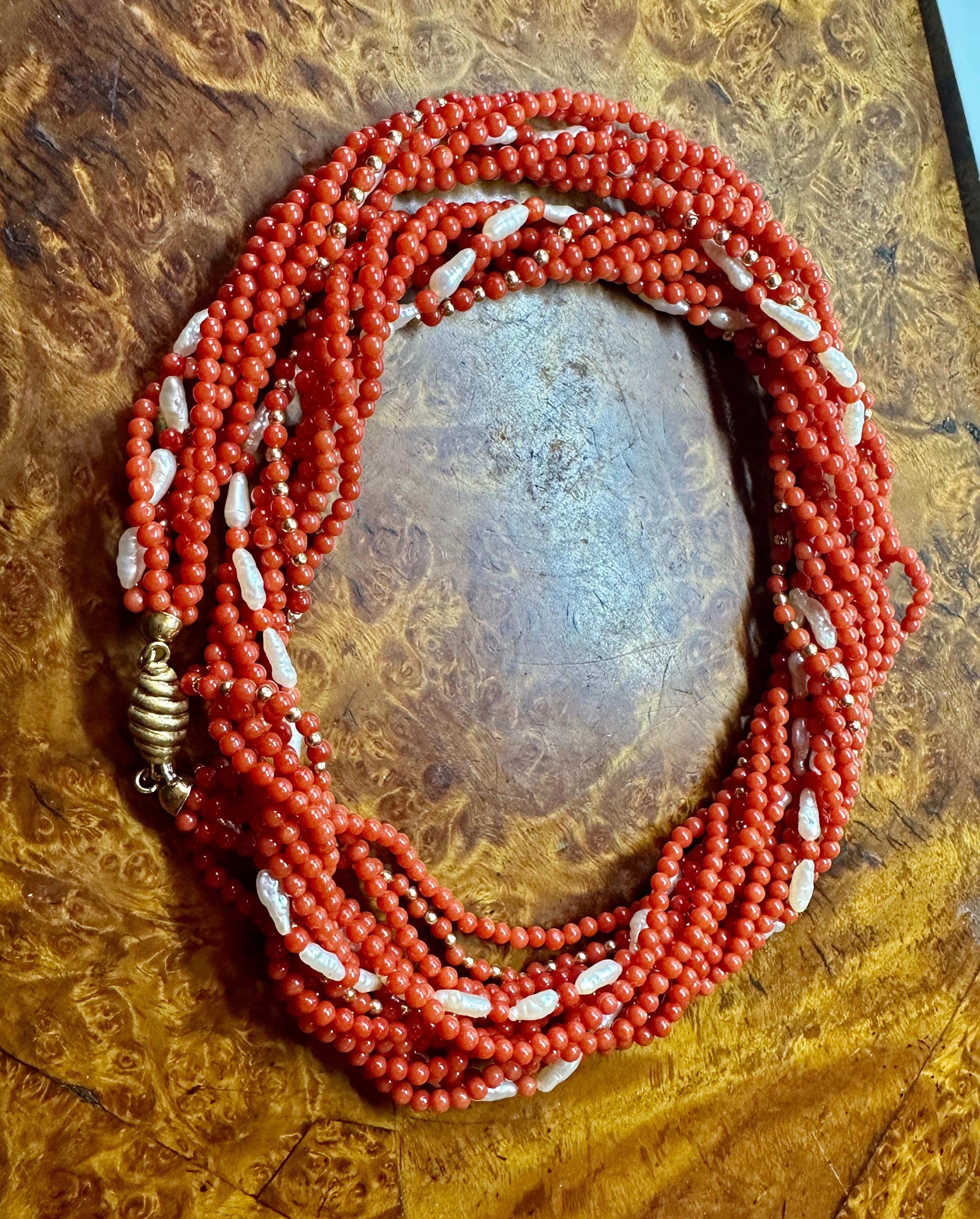 Senator Dianne Feinstein's Coral Pearl 18 Karat Gold Torsade Necklace 30 Inch In Excellent Condition For Sale In New York, NY