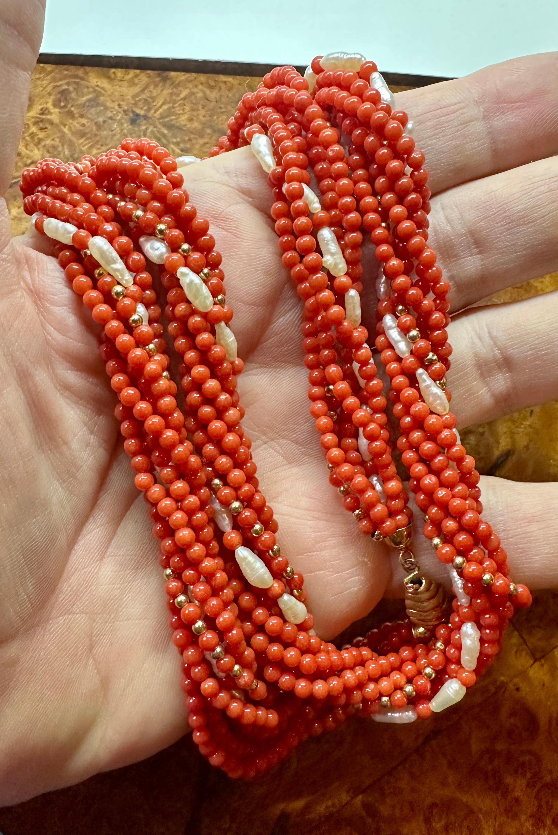Senator Dianne Feinstein's Coral Pearl 18 Karat Gold Torsade Necklace 30 Inch For Sale 1