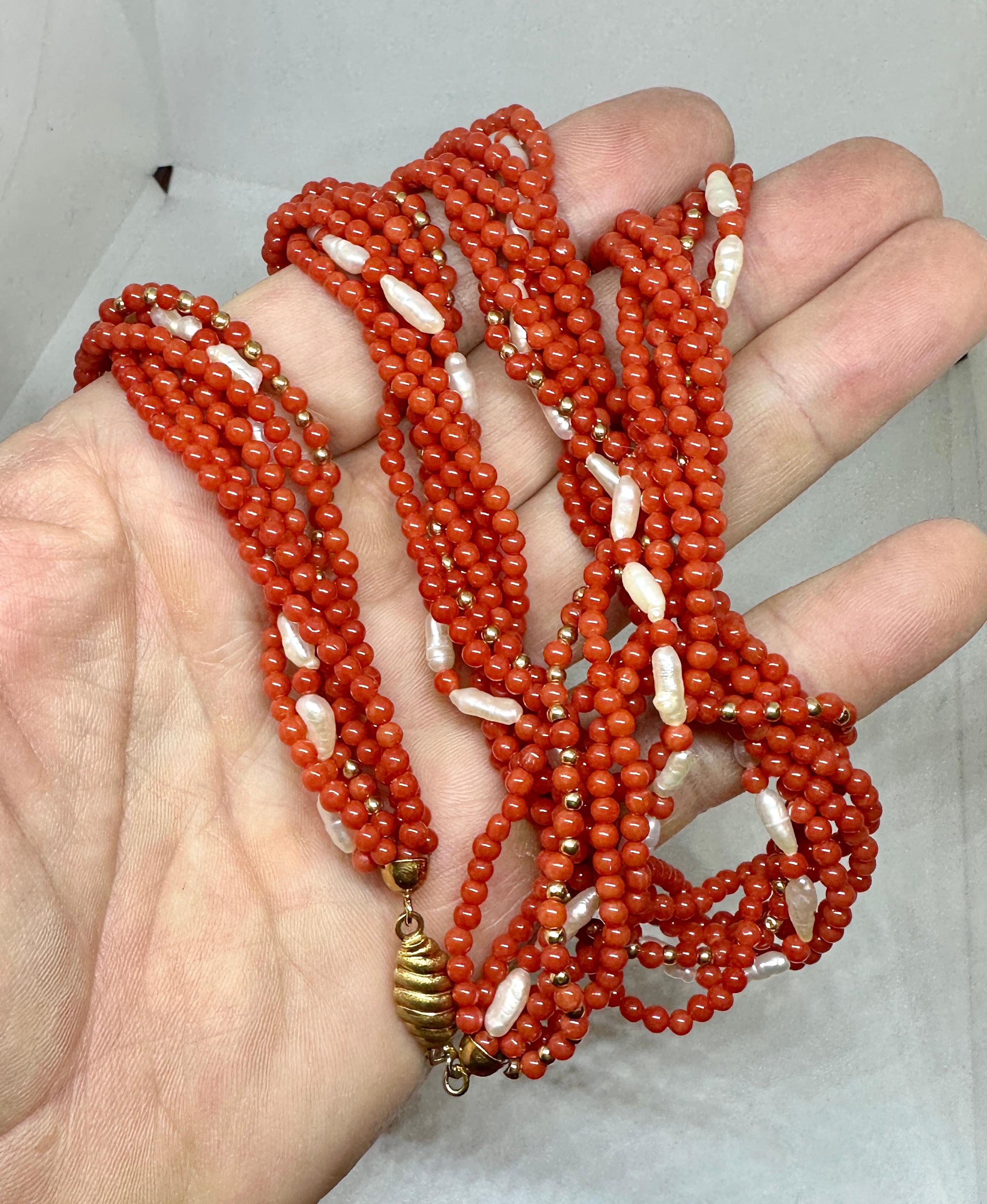 Senator Dianne Feinstein's Coral Pearl 18 Karat Gold Torsade Necklace 30 Inch For Sale 2