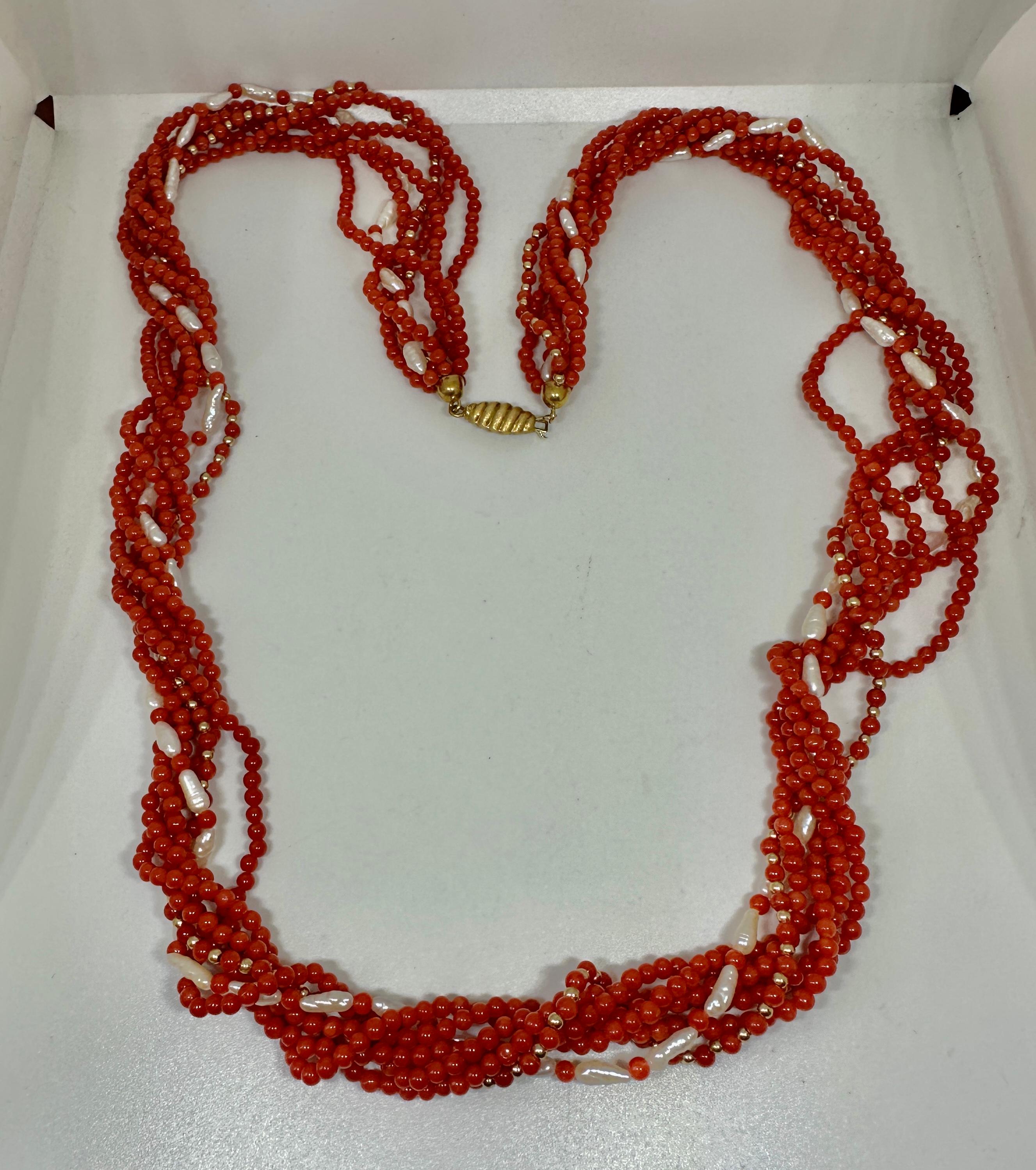 Senator Dianne Feinstein's Coral Pearl 18 Karat Gold Torsade Necklace 30 Inch For Sale 3