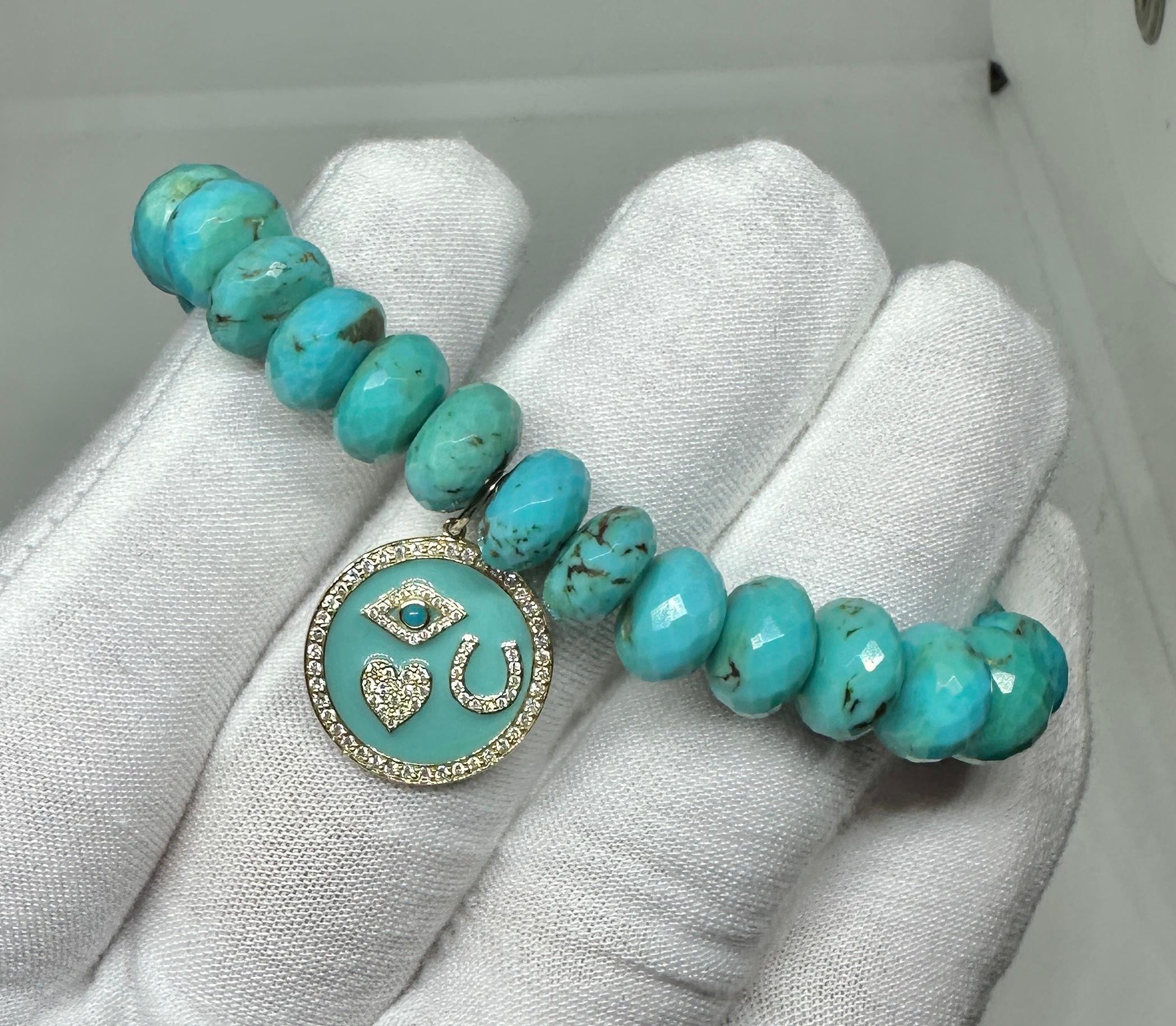 Round Cut Senator Dianne Feinstein's Turquoise Diamond Enamel Good Luck Charm Bracelet For Sale