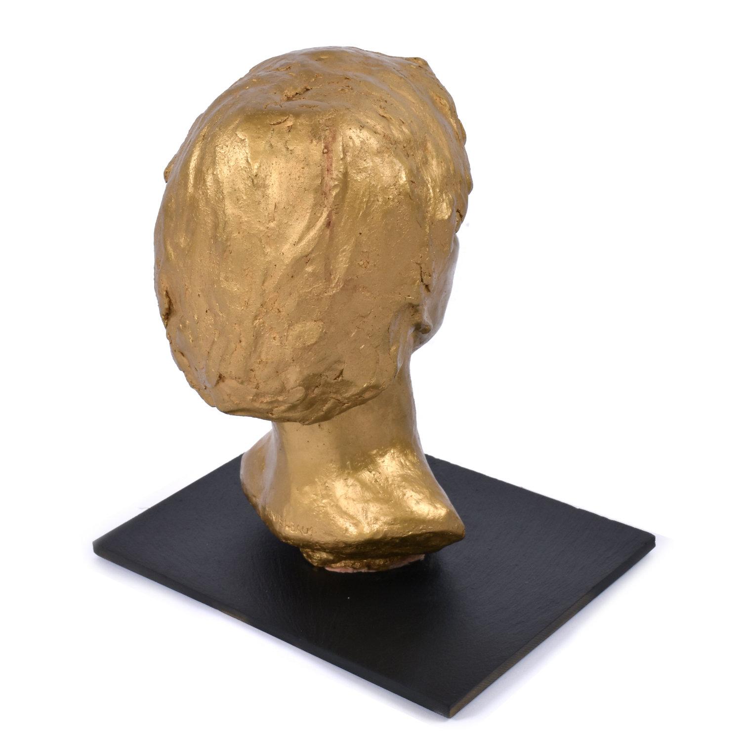 Sendelbach Signed Gold Painted Clay Bust of Young Boy on Slate Base In Good Condition For Sale In Chattanooga, TN