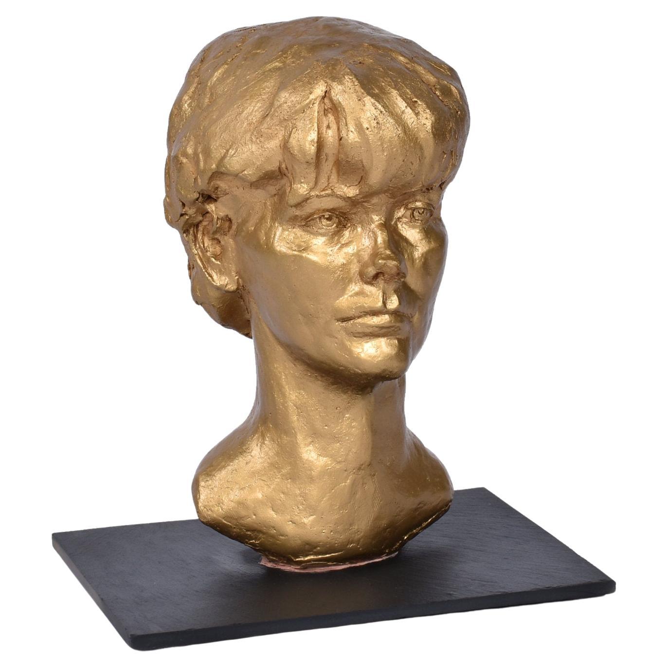 Sendelbach Signed Gold Painted Clay Bust of Young Boy on Slate Base For Sale
